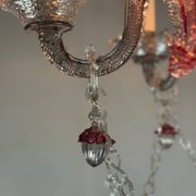 Venetian chandelier in colorless and red Murano glass, 5 light arms