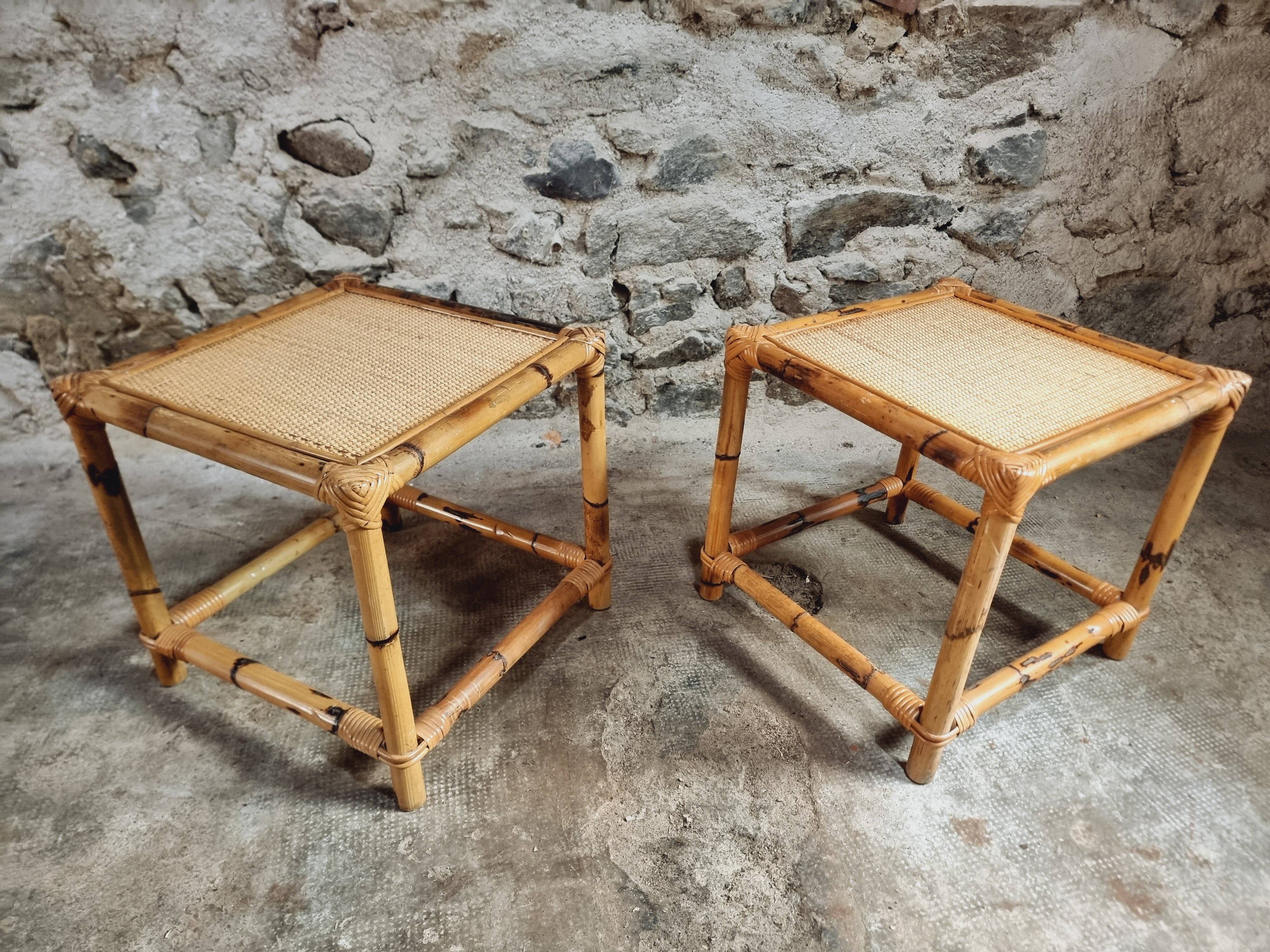 Vintage bamboo and rattan side tables – France, 1970s