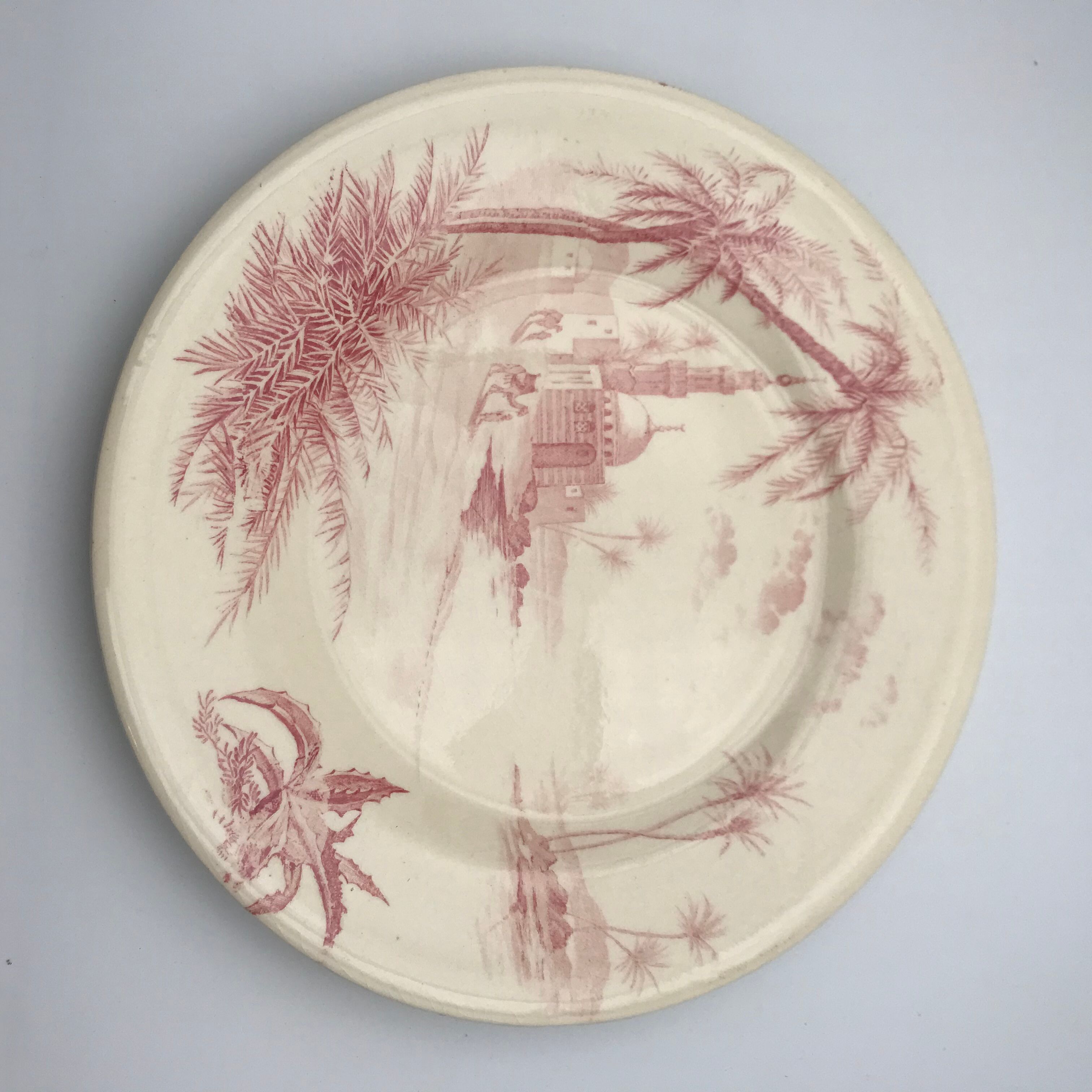 6 vintage pink Shabby dessert plates seen from the east