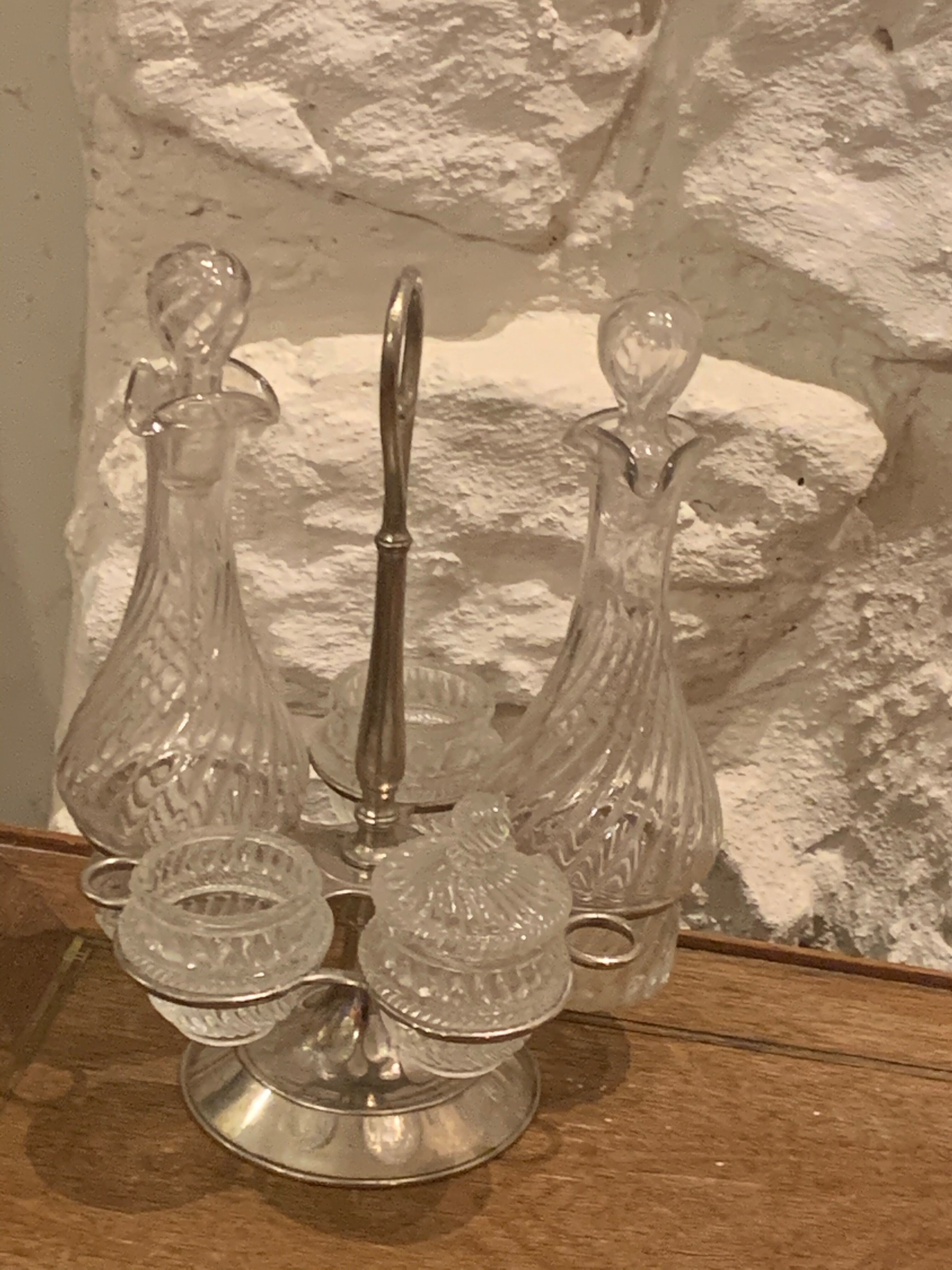 Full bottle bottles salt, pepper, mustard, oil and vinegar art deco
