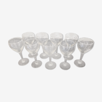 Lot de 9 verres a vin blanc/porto “ballon” à pied en cristal années 40-50