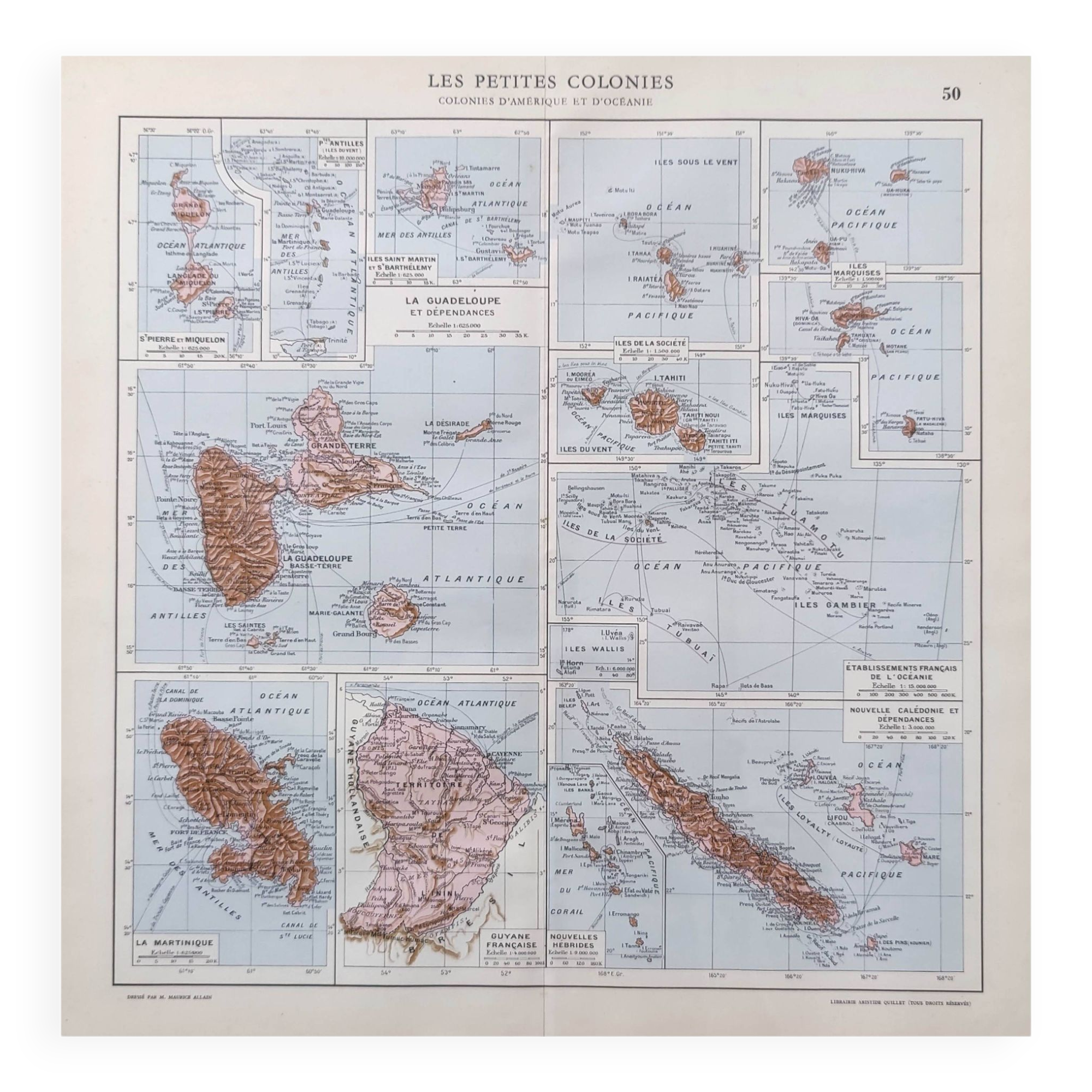 Old map of French overseas departments in 1950 43x43cm