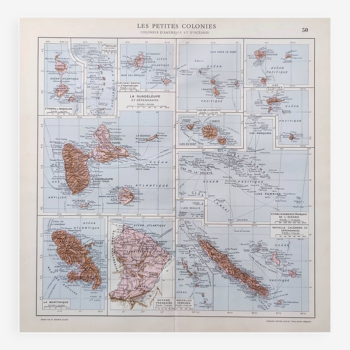 Carte ancienne départements français outre-mer en 1950 43x43cm