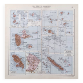 Carte ancienne départements français outre-mer en 1950 43x43cm