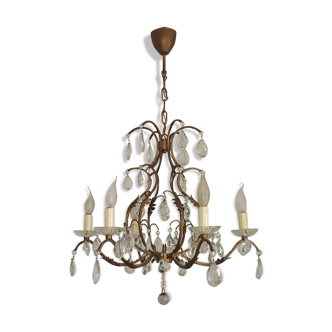 Vintage French 6 Light Bronzed Effect Metal & Glass Crystal Cage Chandelier 4622