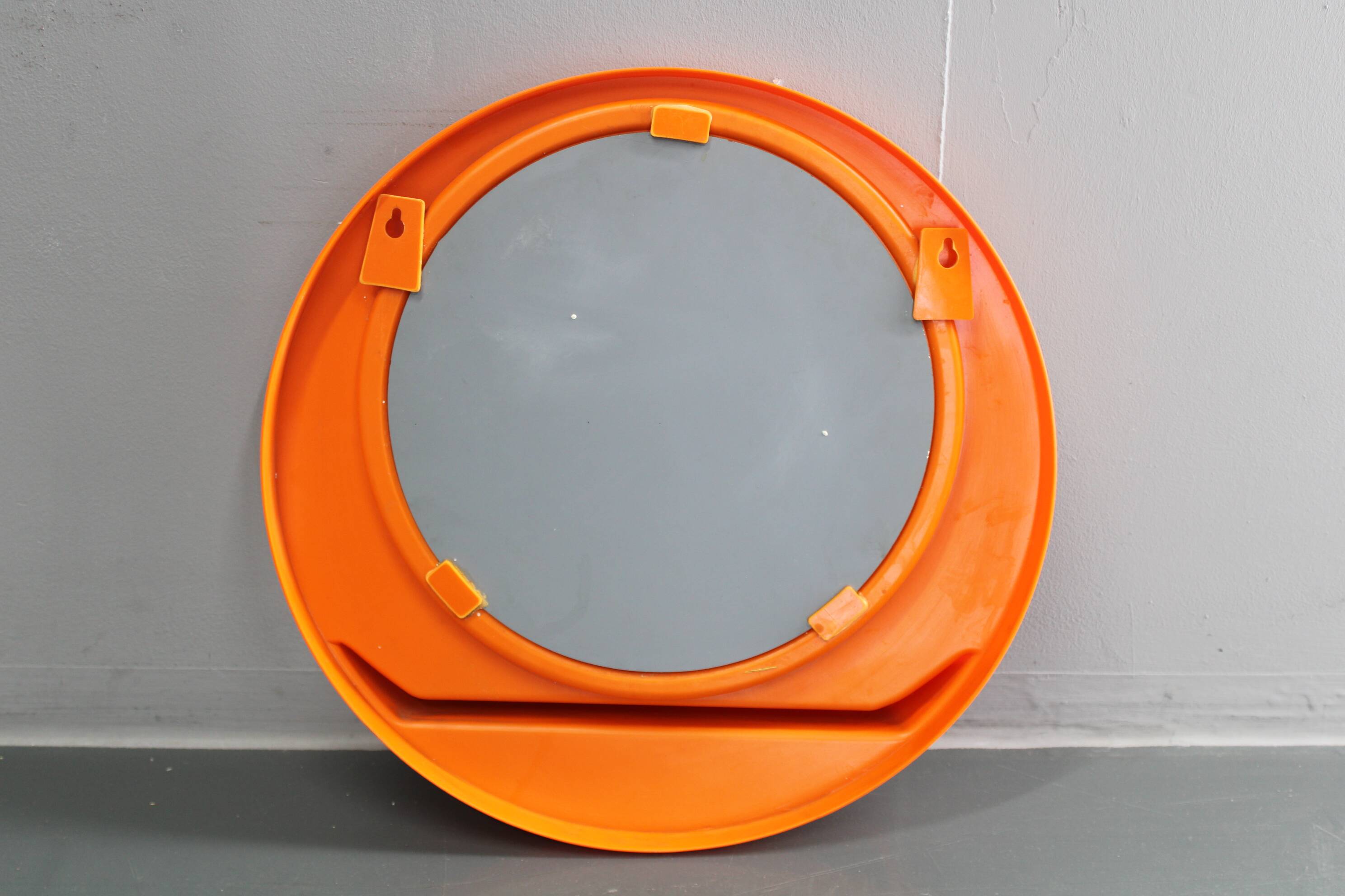 Vintage Italian Space Age round plastic mirror with shelf, 1970s