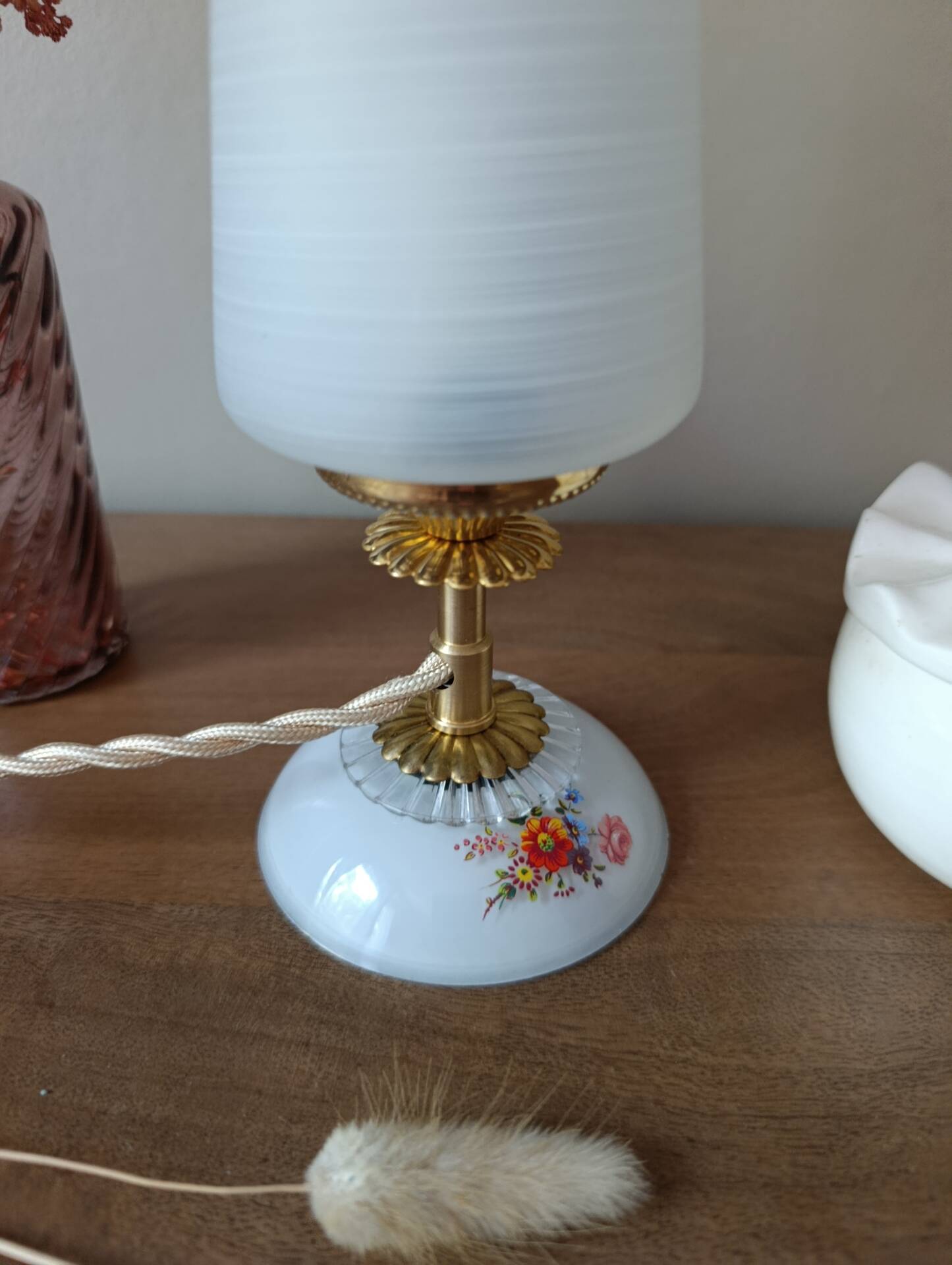upcycled table lamp | white glass, vintage charm