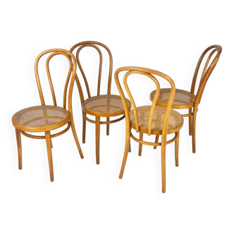 Ensemble de 4 chaises de café en bois courbé et cannage, 1970s