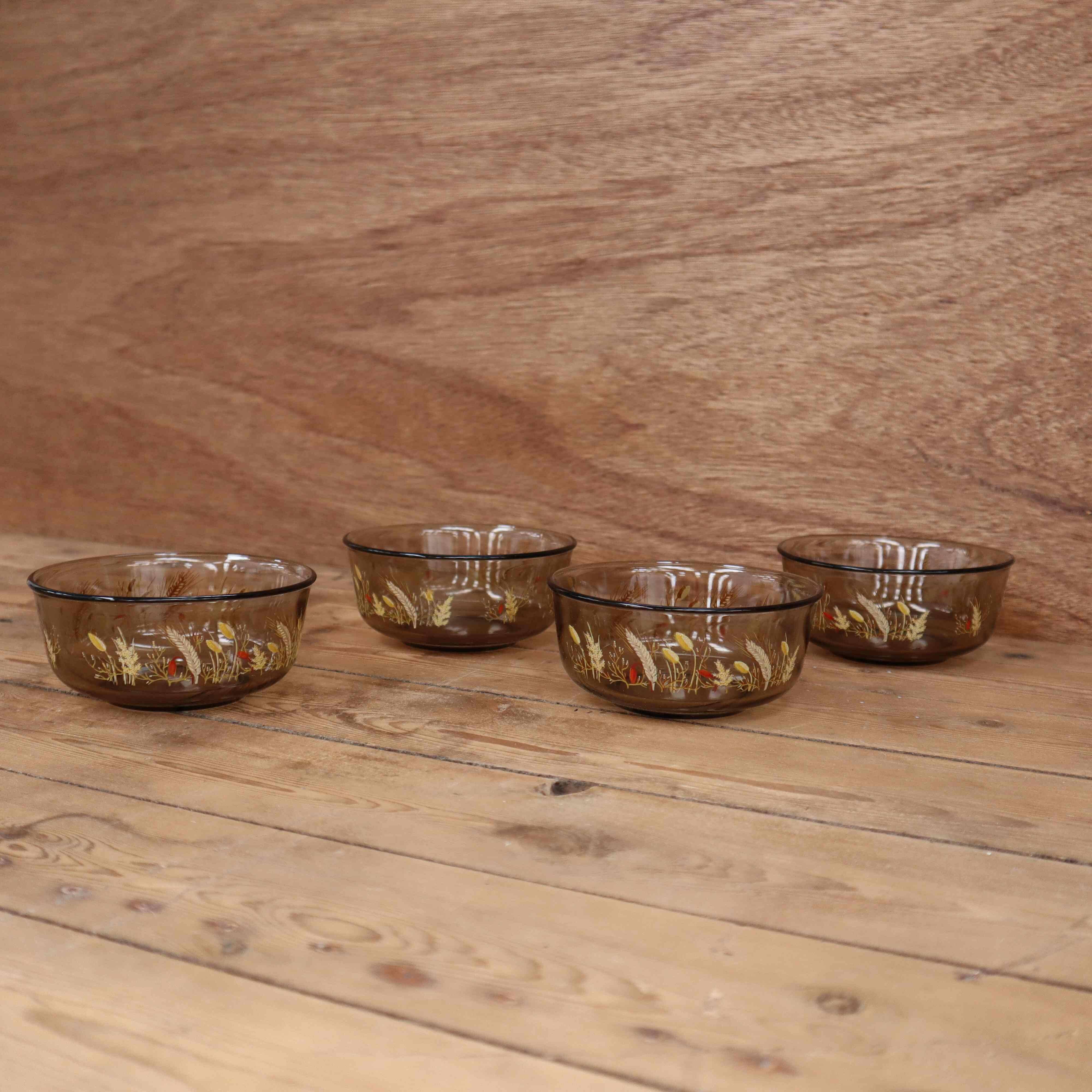 Set of 4 smoked bowls with Arcoroc wheat ear decoration