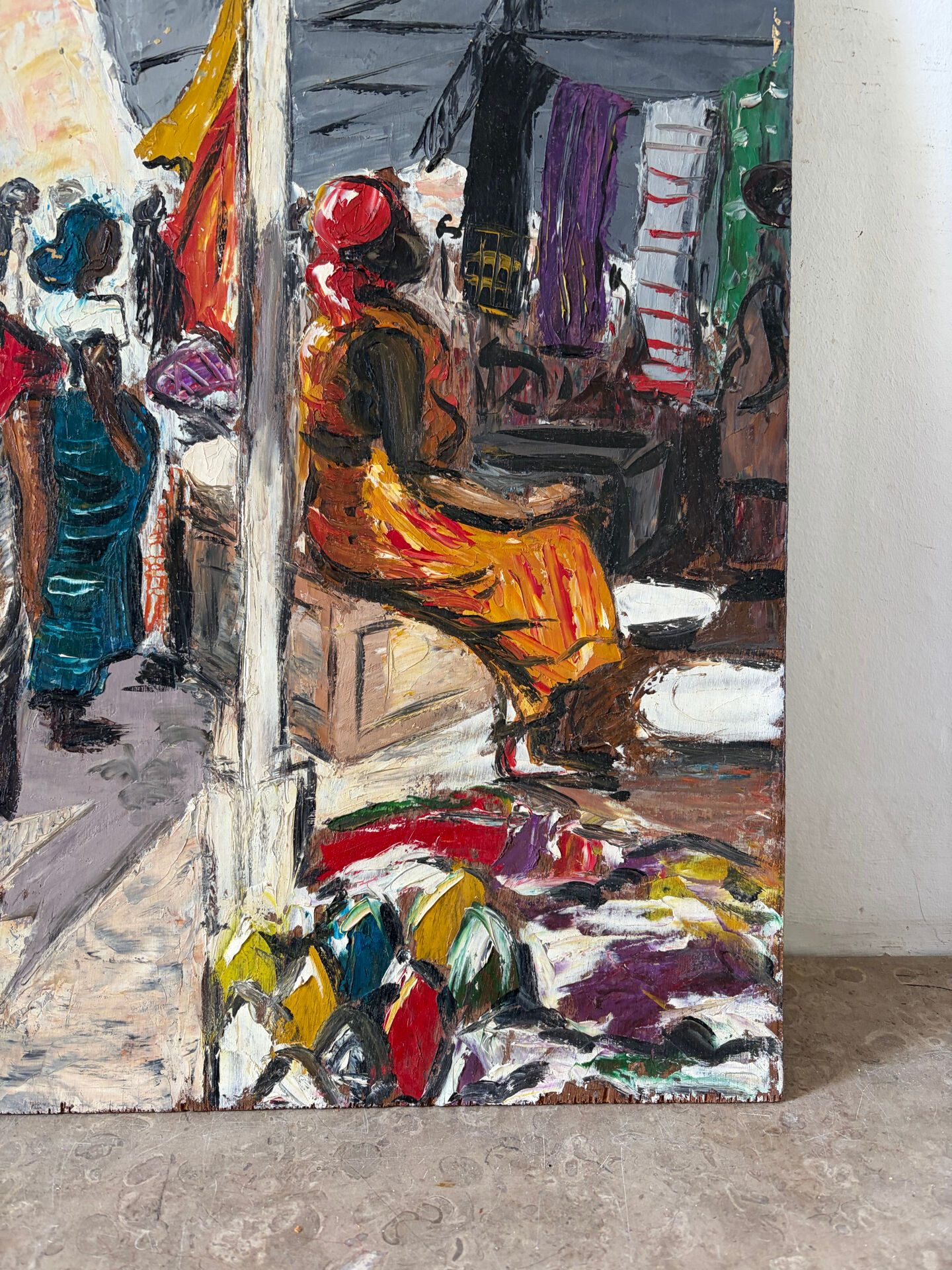 Market in Dakar, oil on panel signed G Vignesoult.