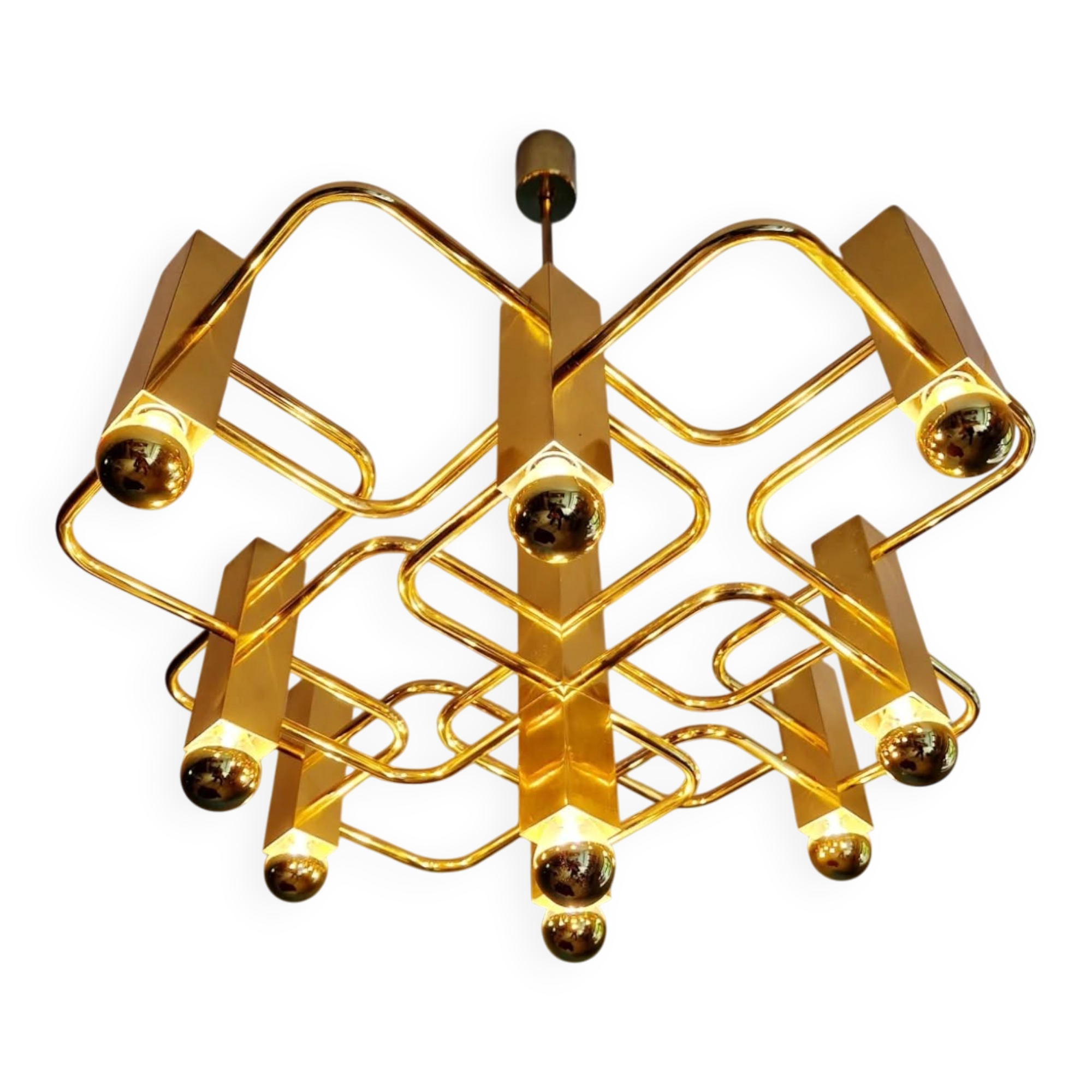 Large geometric brass chandelier, Gaetano Sciolari, Boulanger, 1970
