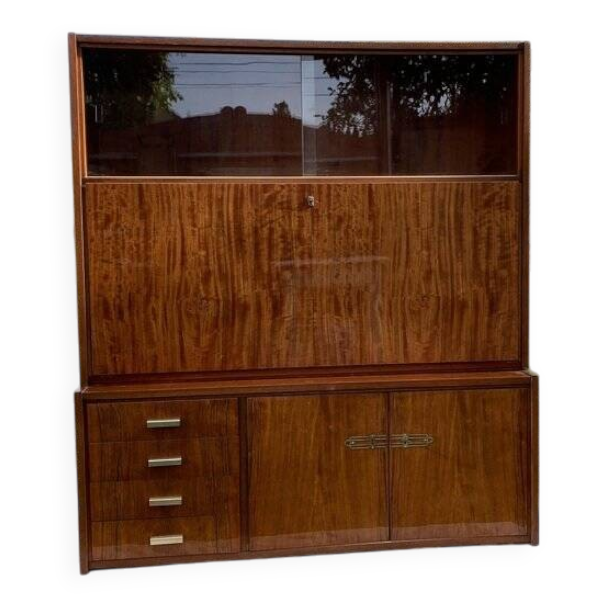Armoire Mid-Century 1960s en bois marron avec vitrine, abattant et tiroirs