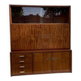 Mid-Century 1960s brown wooden wardrobe with display cabinet, drop-down front and drawers.