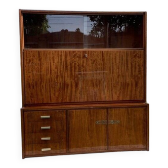 Mid-Century 1960s brown wooden wardrobe with display cabinet, drop-down front and drawers.