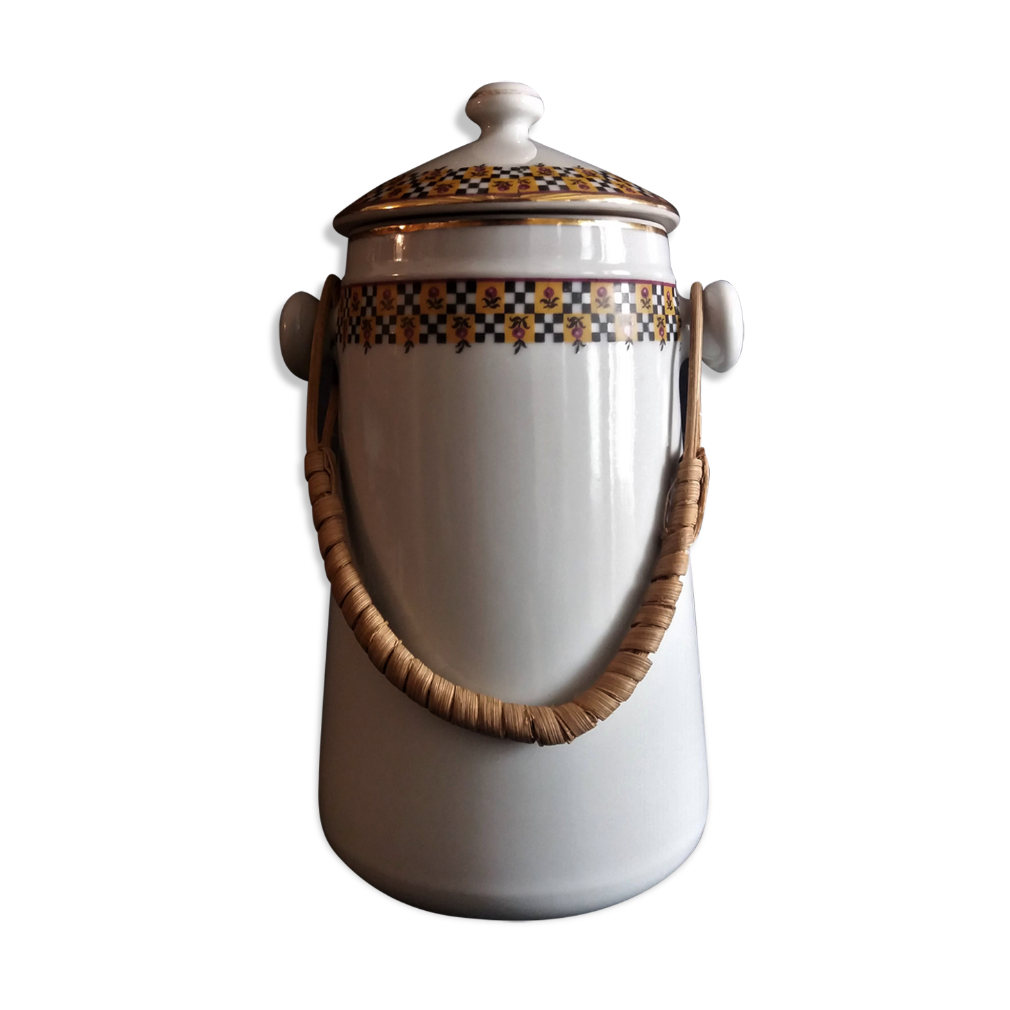 Vintage porcelain milk pot rattan handle