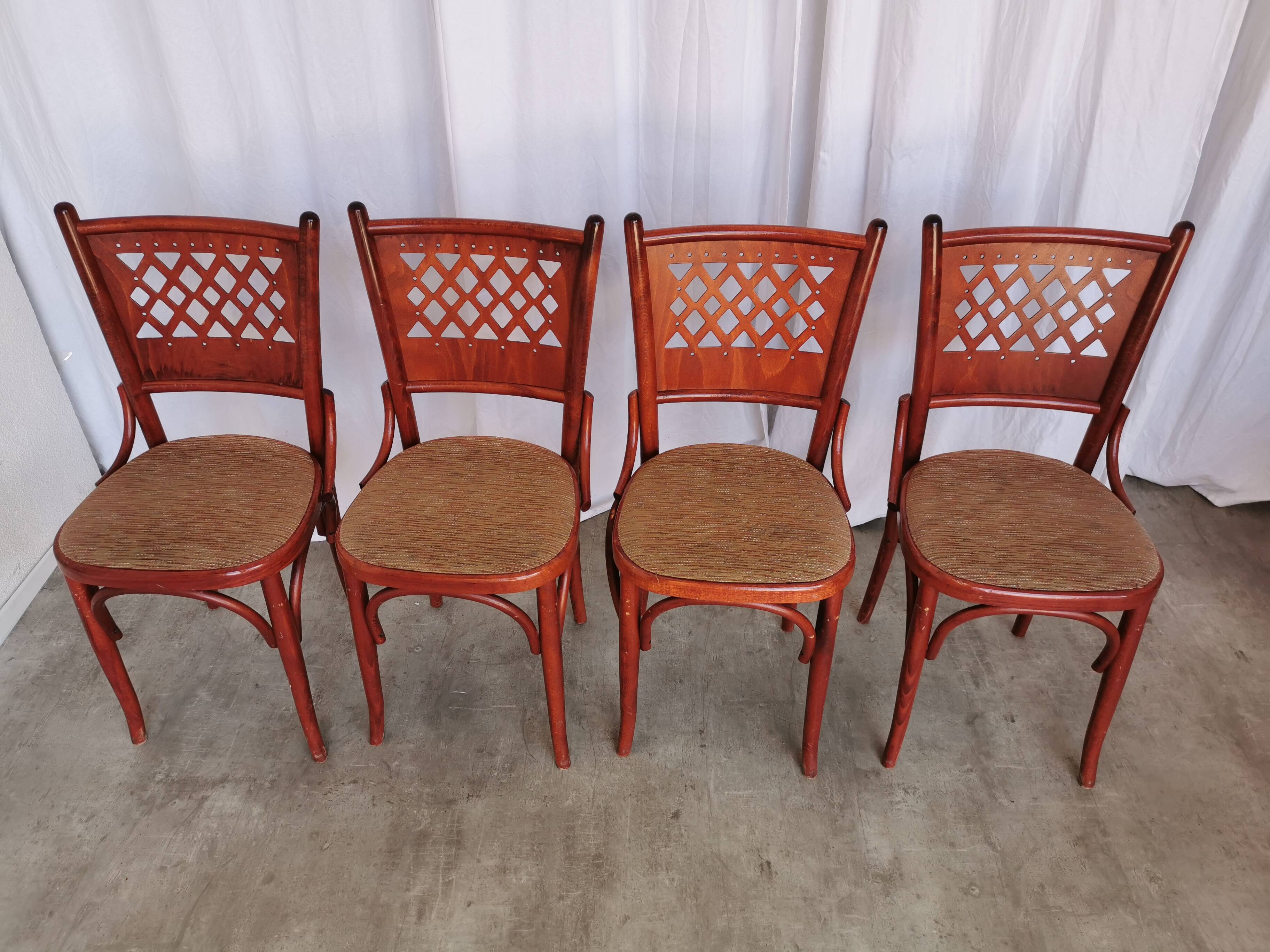 Vintage Italian Bistro Chairs - 1980s Reddish Wood, Brown Fabric - Set of 4