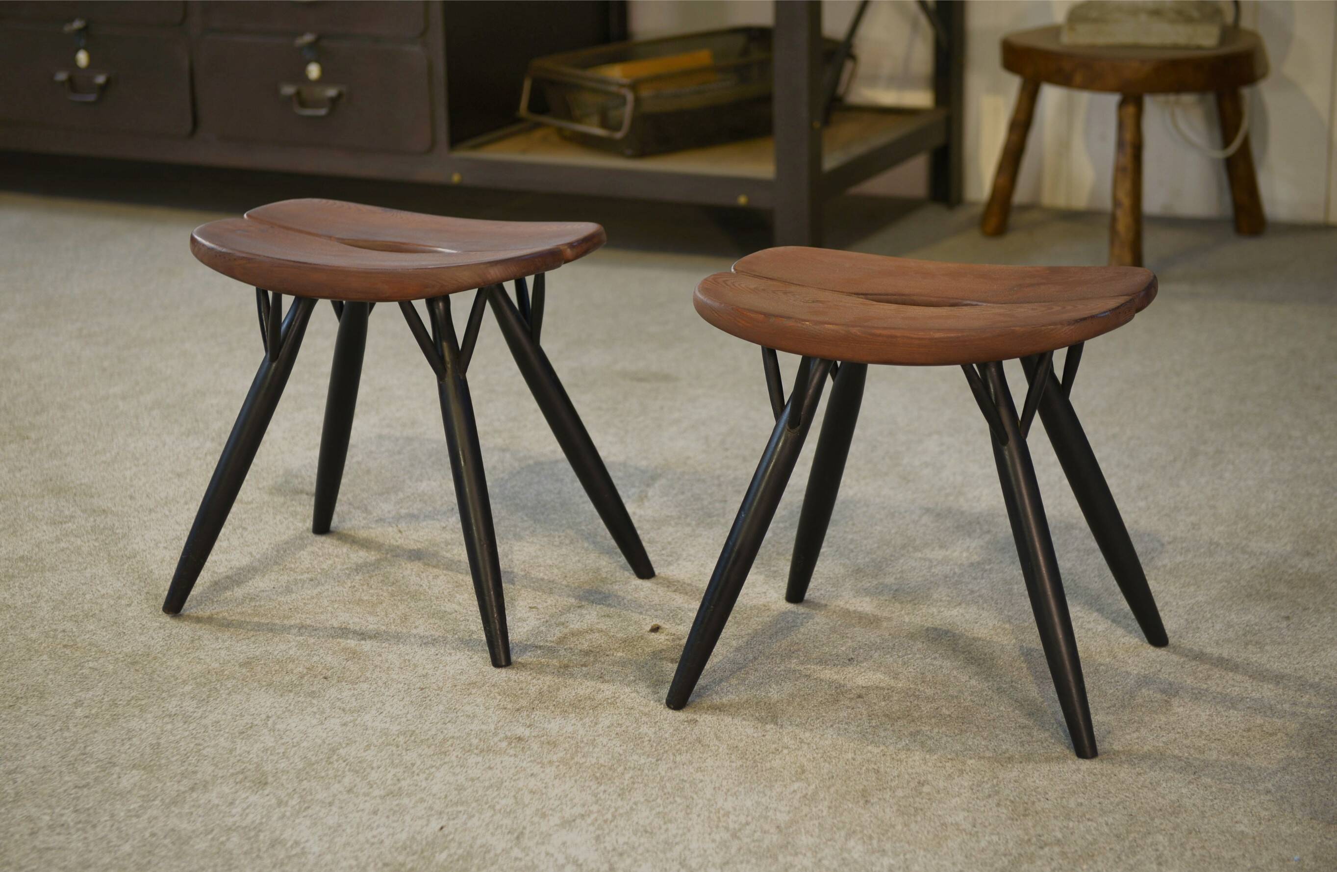 Pair of Pirkka stools by Ilmari Tapiovaara for Laukaan Puu (first edition, stamped) 1950s