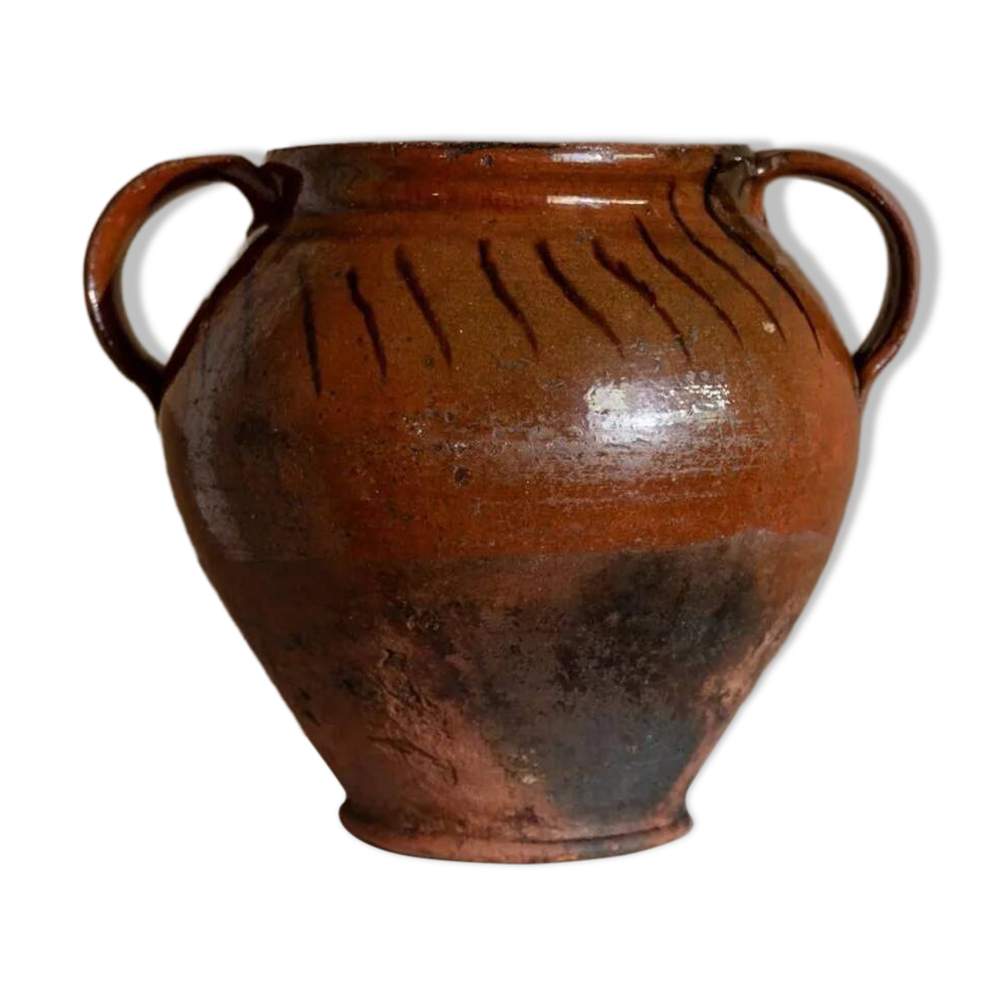 Antique rustic brown terracotta ceramic confit pot with twin handles, 19th-century Italy, farmhouse vase decor