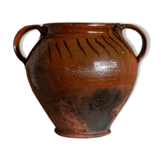 Antique rustic brown terracotta ceramic confit pot with twin handles, 19th-century Italy, farmhouse vase decor