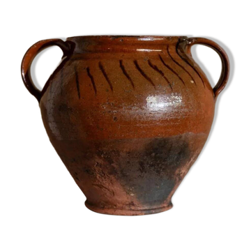 Antique rustic brown terracotta ceramic confit pot with twin handles, 19th-century Italy, farmhouse vase decor