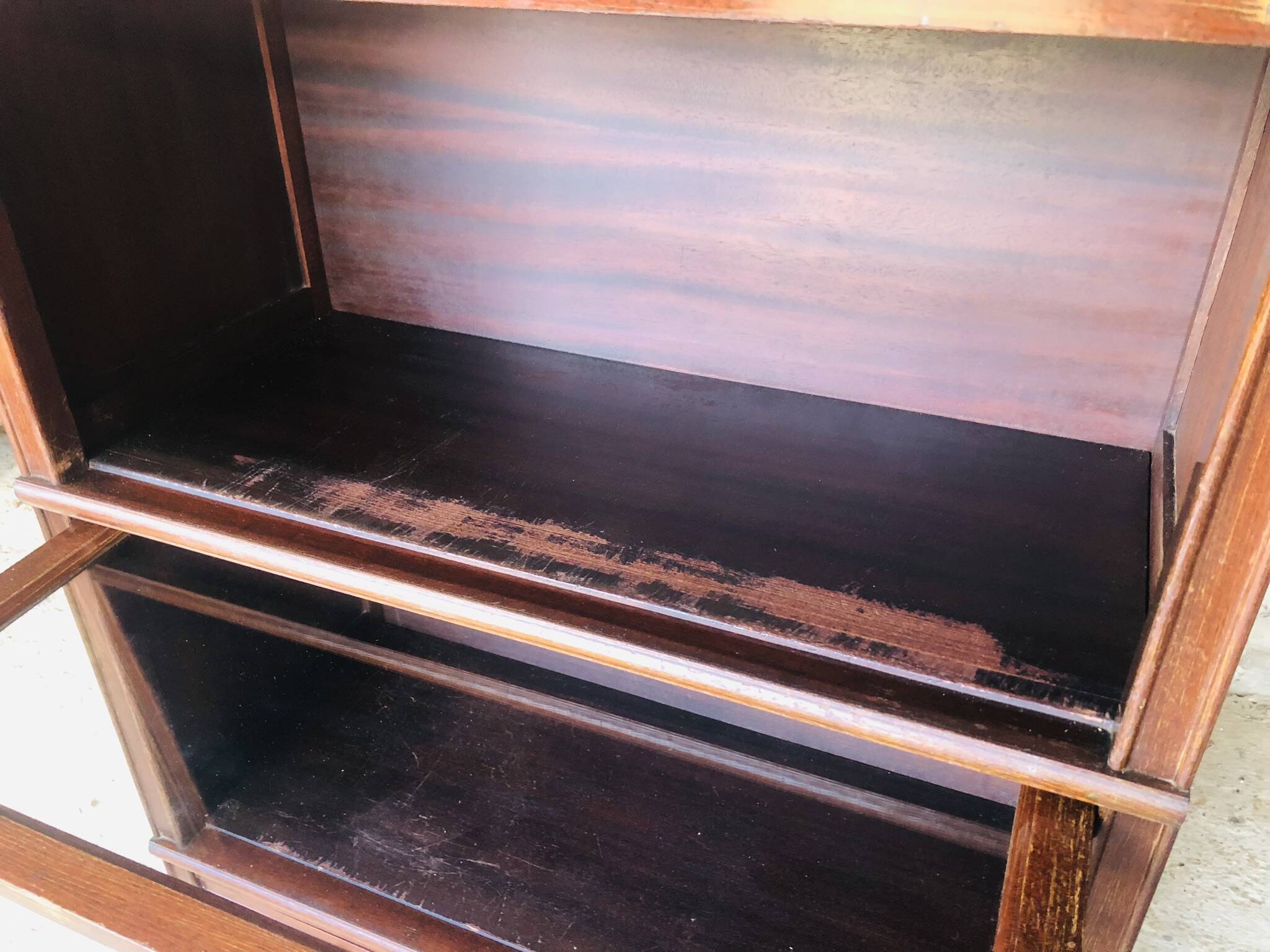 Vintage mahogany avocado bookcase with overhead glass doors circa 40's/50's