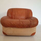 Four vintage armchairs, leather and fabric, 70s