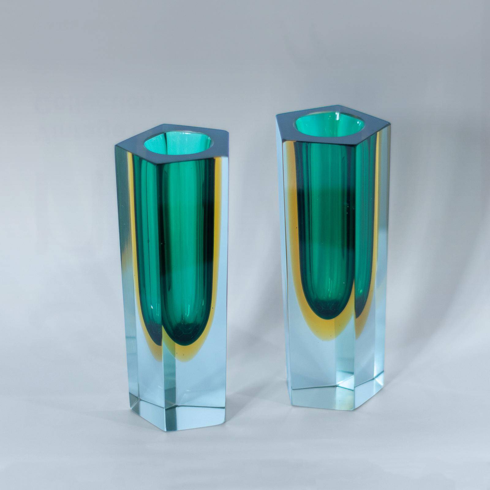 Flavio Poli Murano Sommerso Vases, Green & Yellow Glass, Set of Two