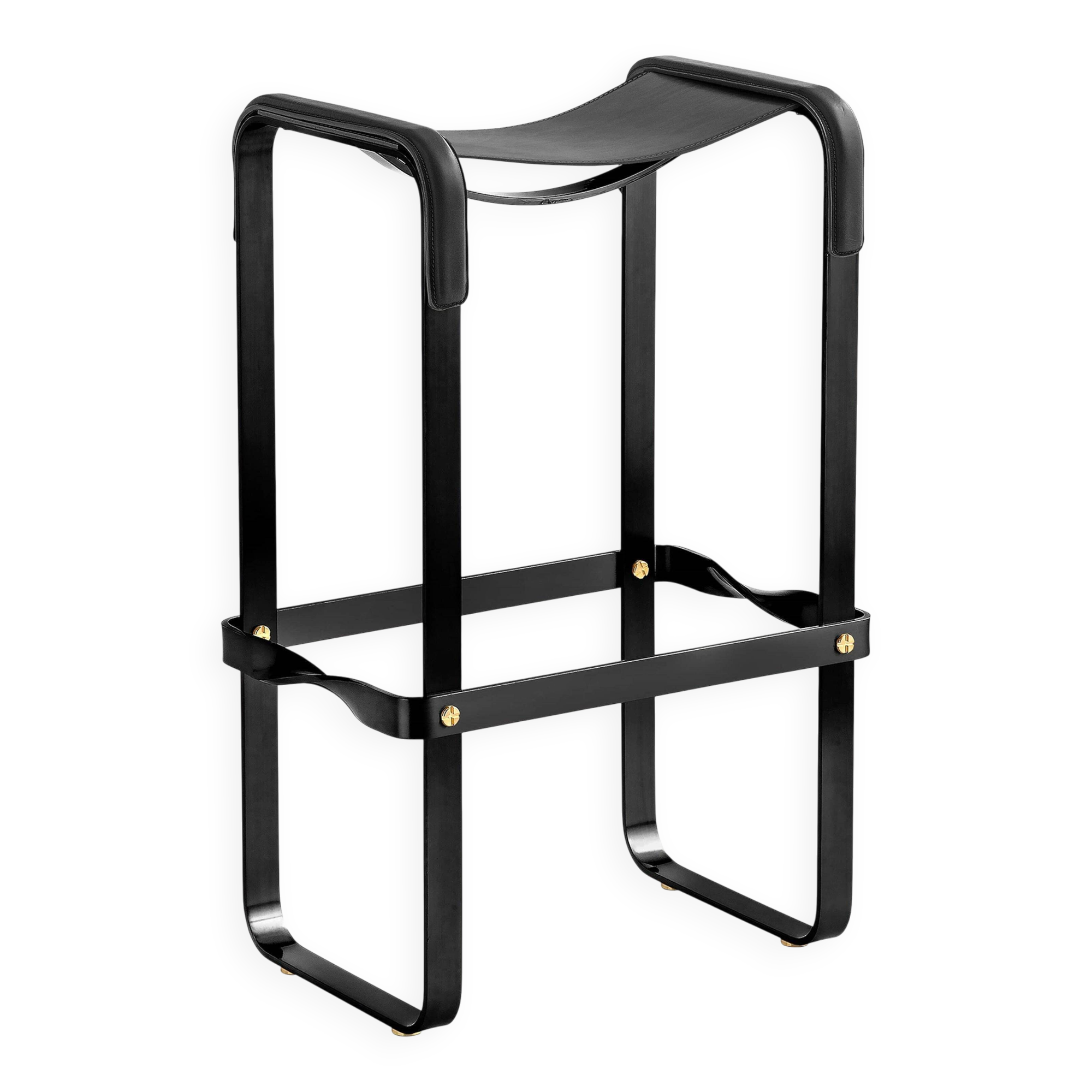 Contemporary classic bar stool in black smoked metal and black leather.