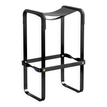 Contemporary classic bar stool in black smoked metal and black leather.