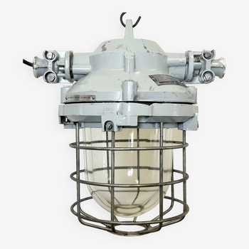 Grey industrial bunker ceiling light with iron cage from elektrosvit, 1970s