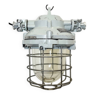 Grey industrial bunker ceiling light with iron cage from elektrosvit, 1970s