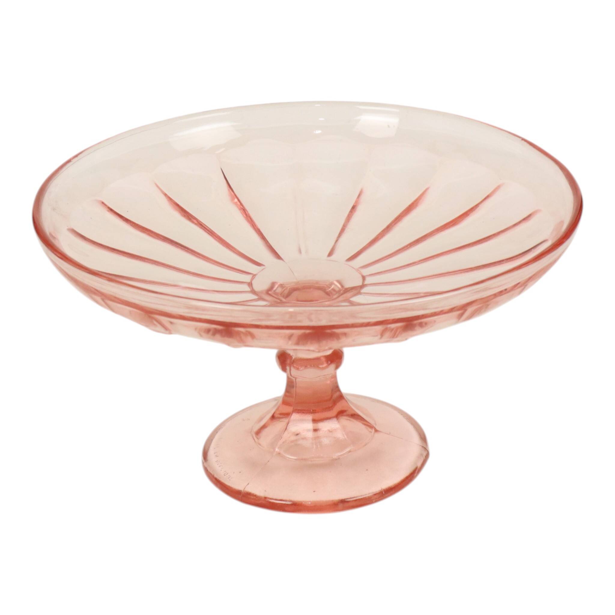 Bol à fruits haut Art Déco rose en verre dépression 28 cm