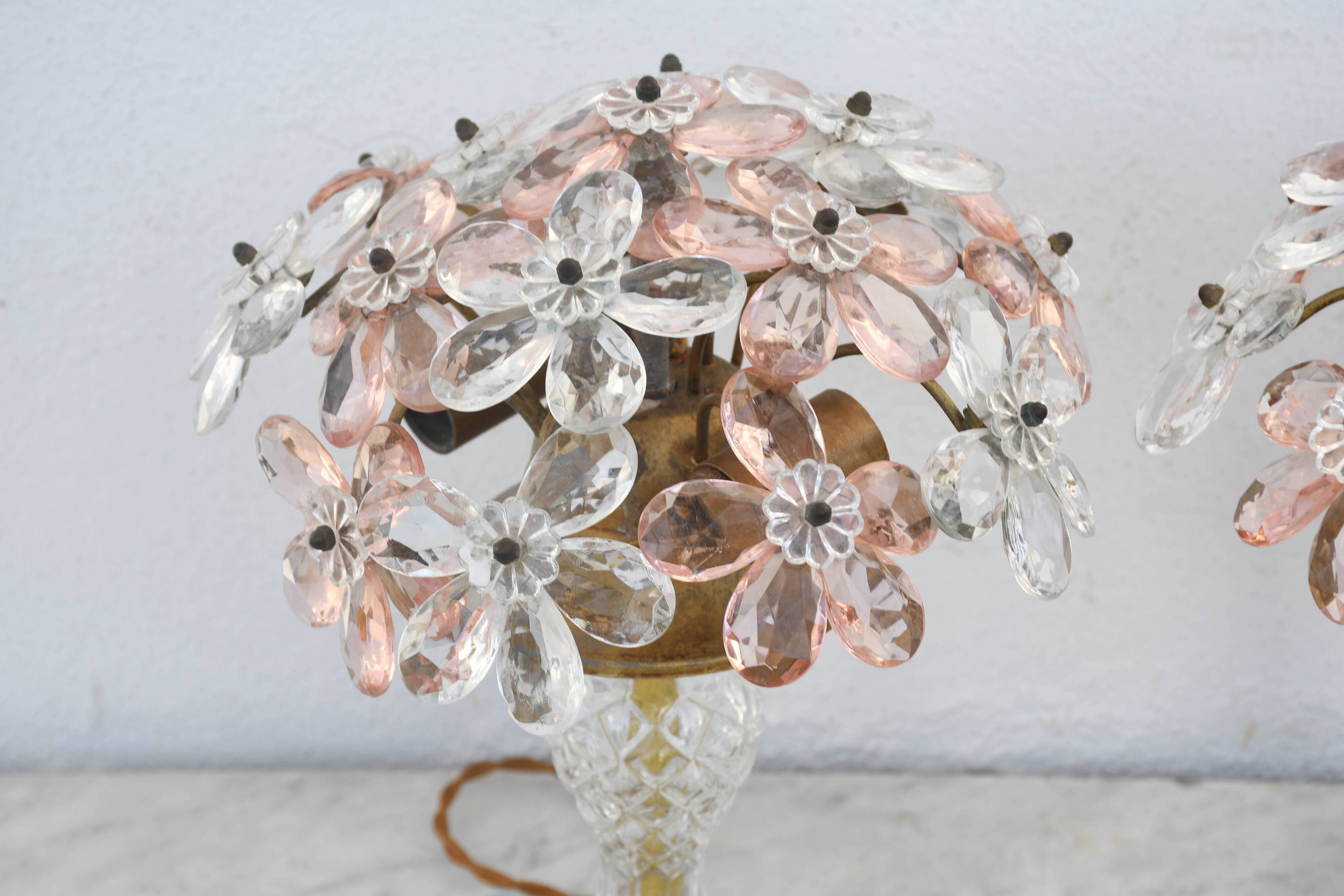 Set of 2 large table lamps with crystal glass flowers, pink and transparent, brass base, 1960