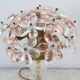 Set of 2 large table lamps with crystal glass flowers, pink and transparent, brass base, 1960