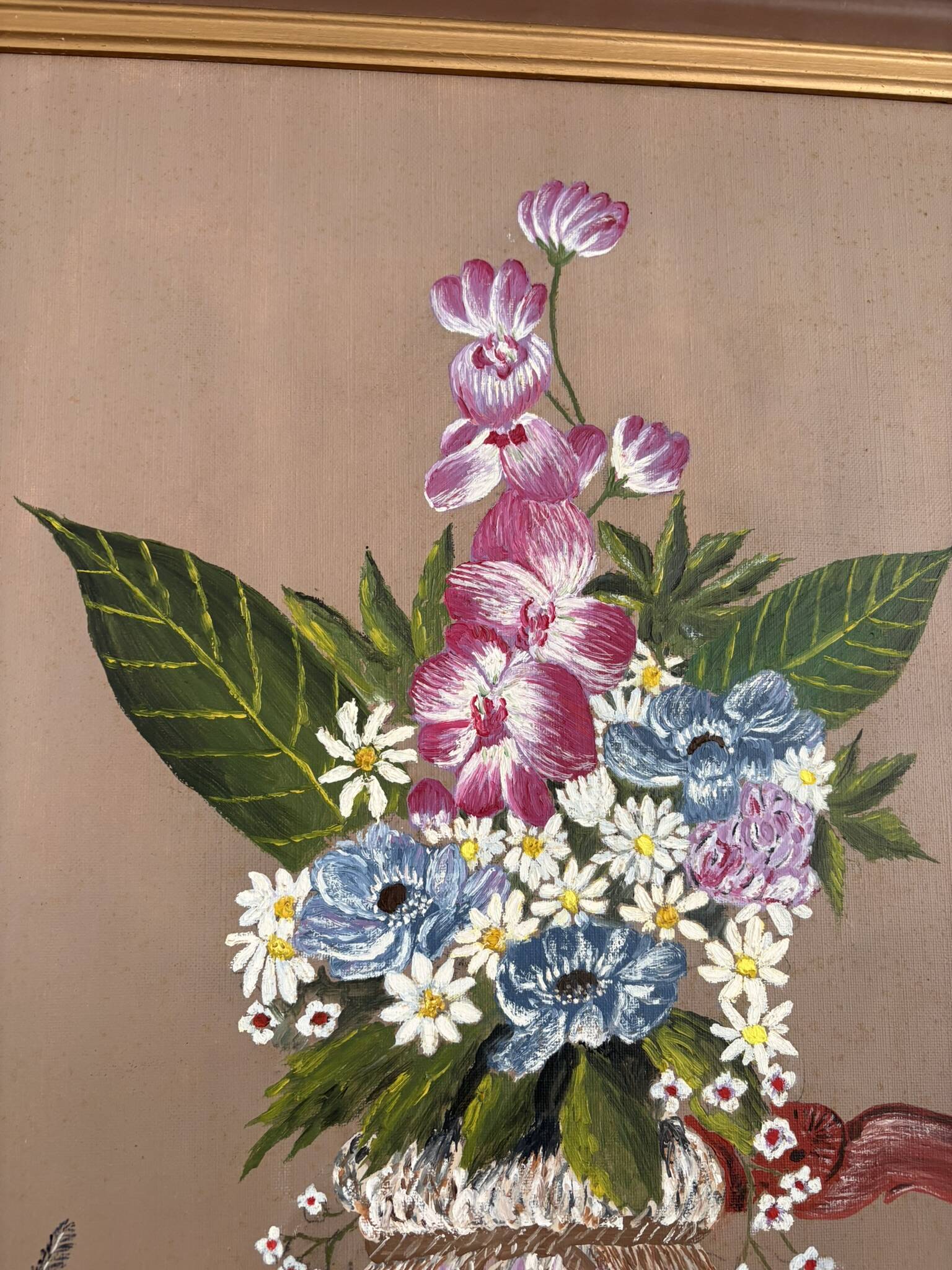 Old Oil Painting on Canvas Still Life Flower Bouquet Framed