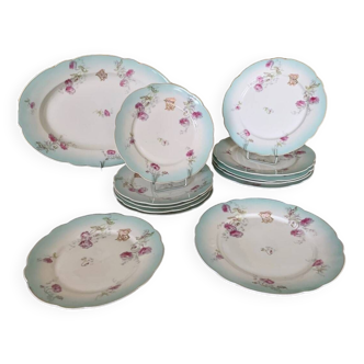 Service of Flat Plates + Dessert + Oval Dish - Monogram Porcelain - 19th Century