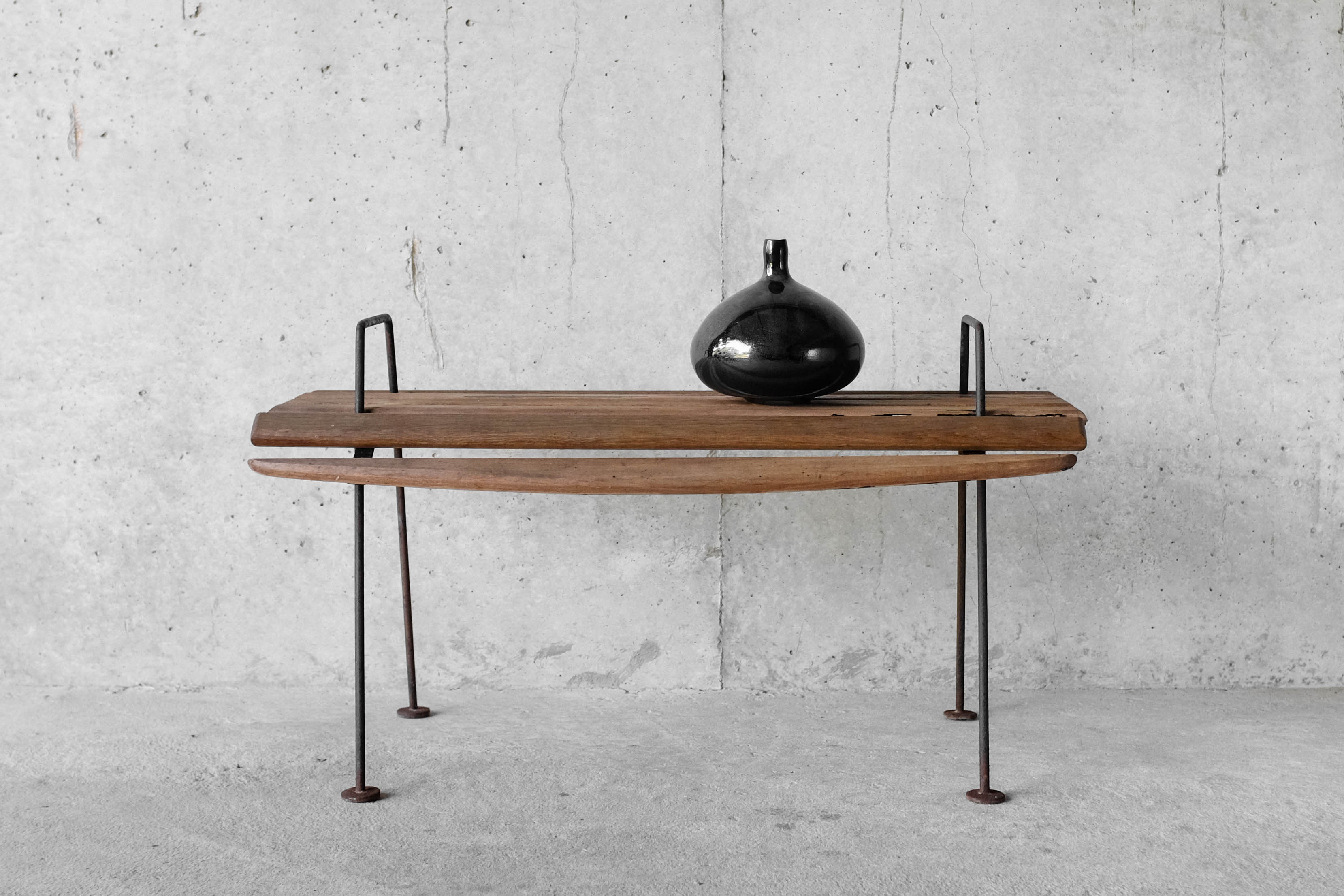 Stool with minimalist wood and metal slats