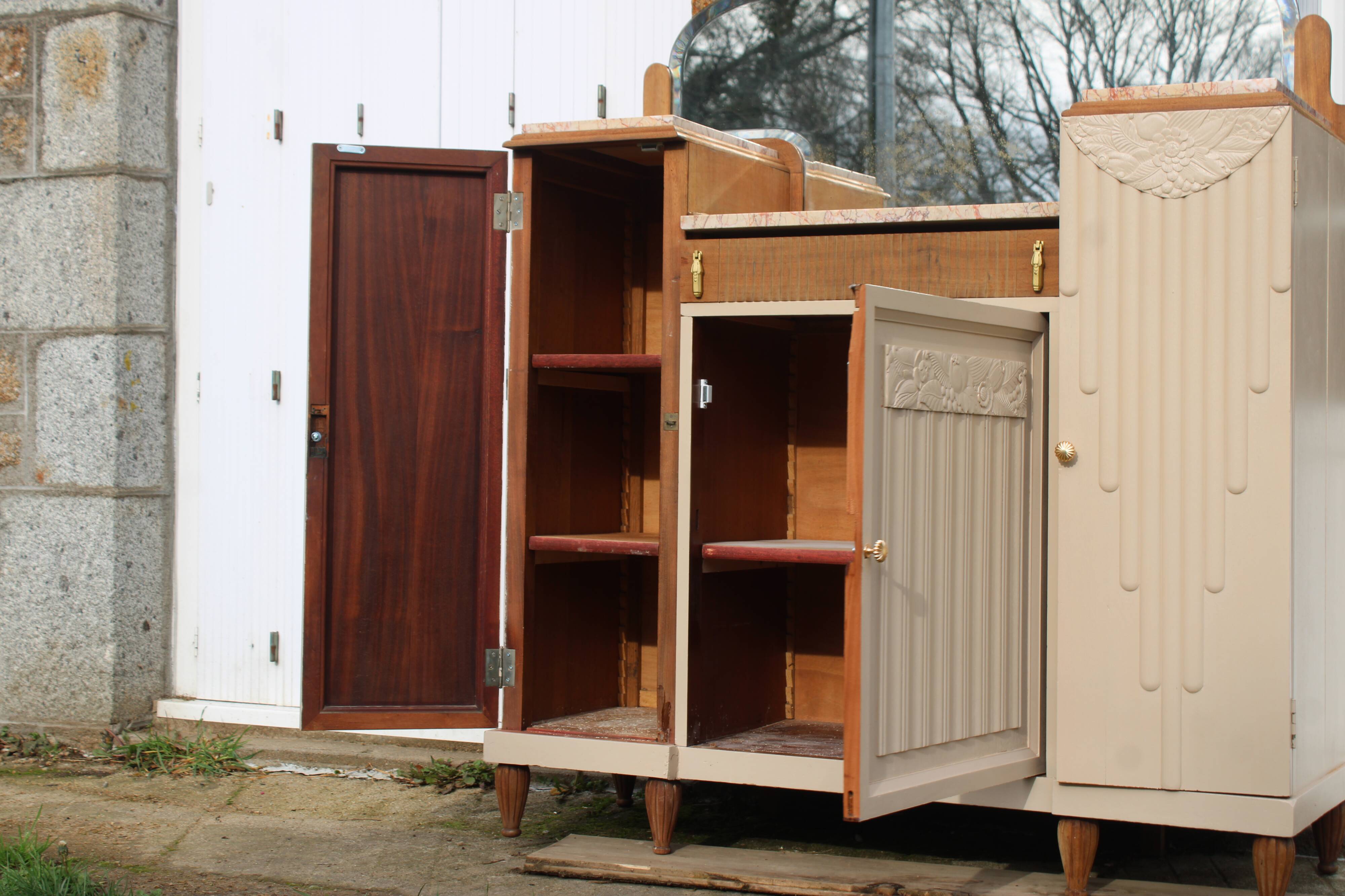 Renovated Art Deco buffet, pink marble and original mirror.