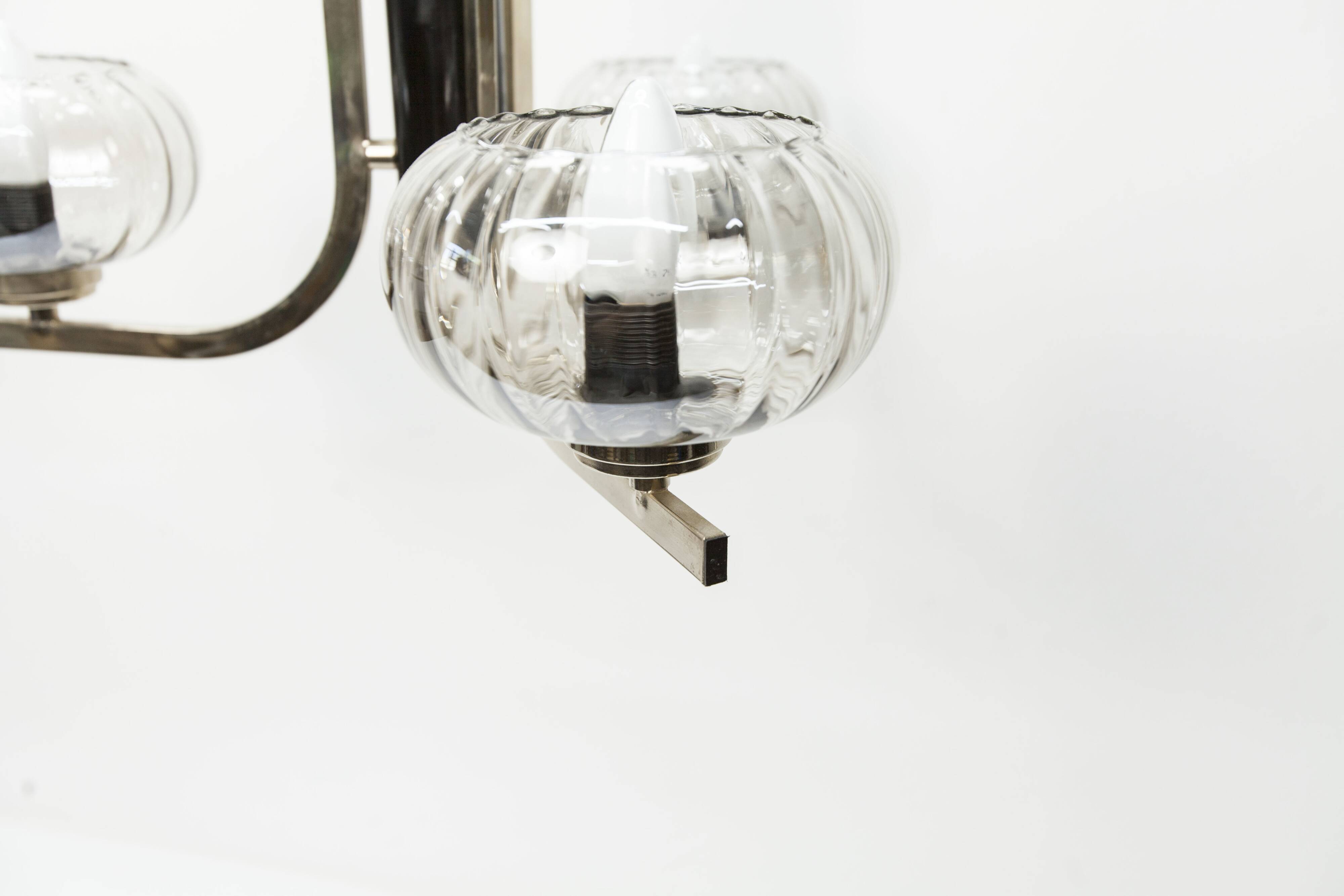 See Delmas chandelier, 3 arms, black and gold, clear glass, 1960