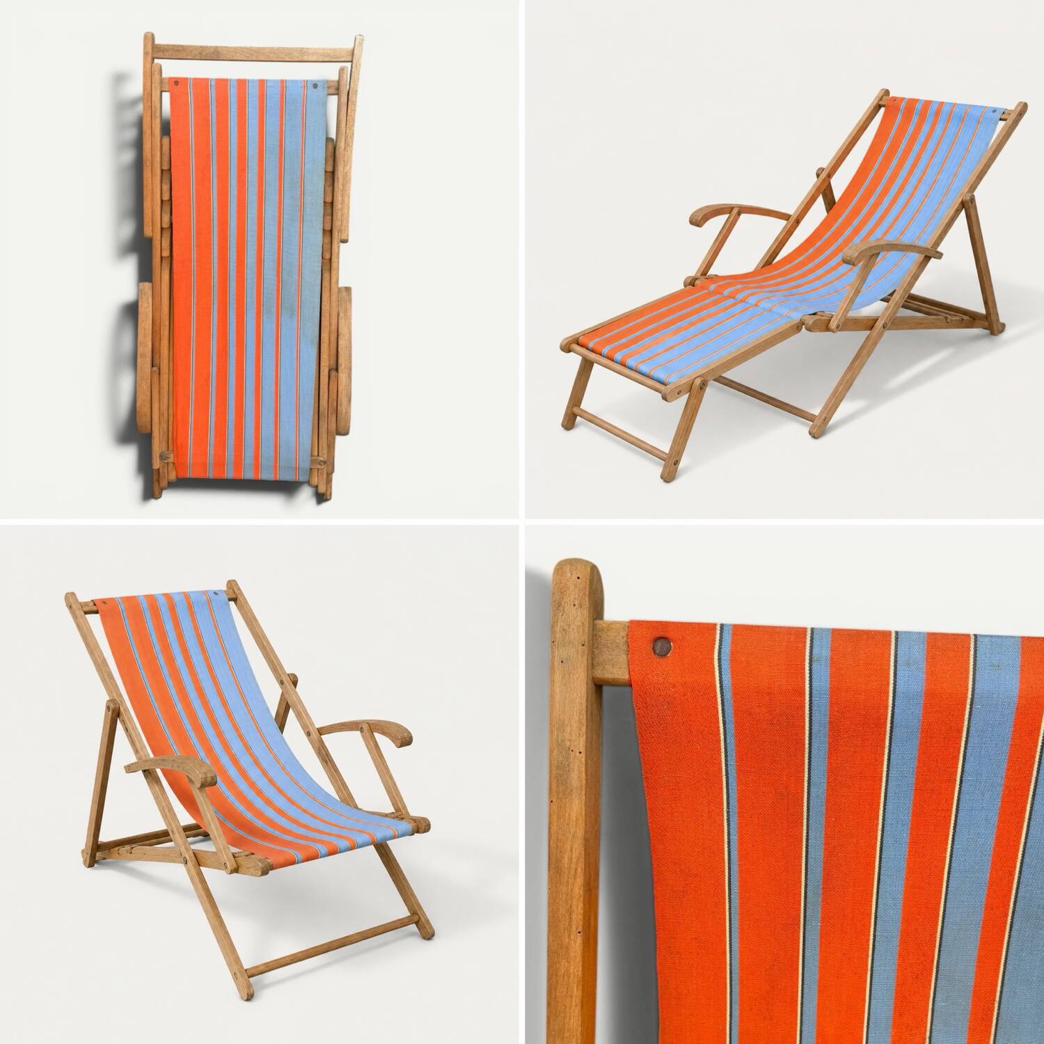 Vintage deck chair with orange and blue striped fabric, original patina.