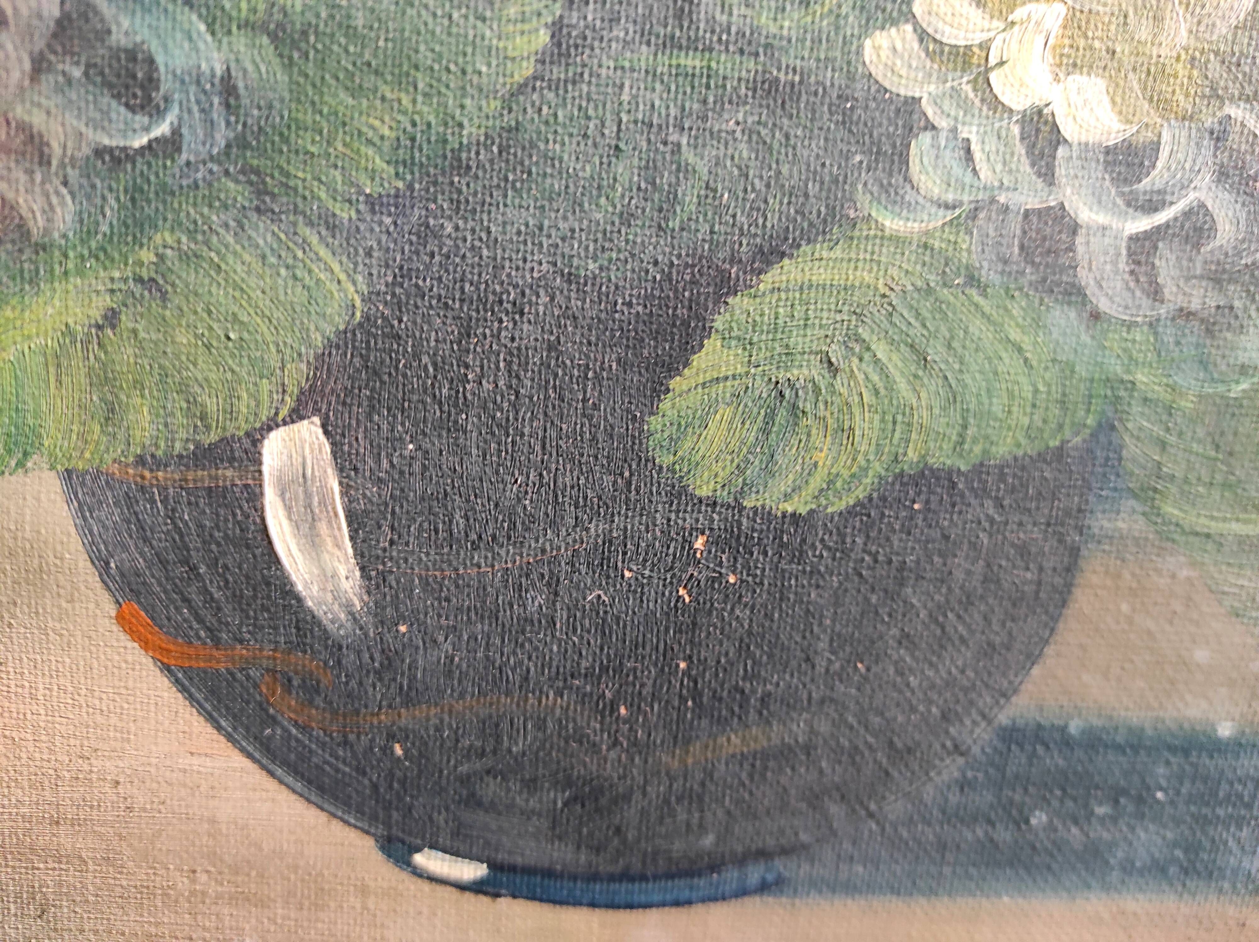 Vintage French oil painting of chrysanthemums, signed