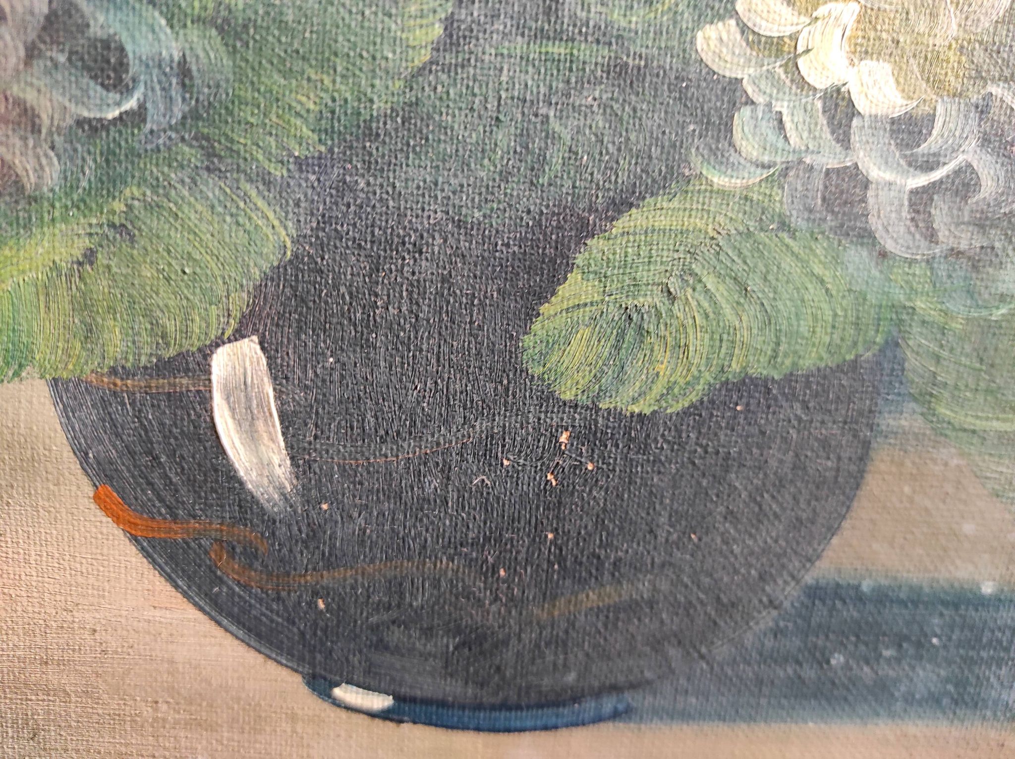 Vintage French oil painting of chrysanthemums, signed