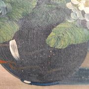 Vintage French oil painting of chrysanthemums, signed