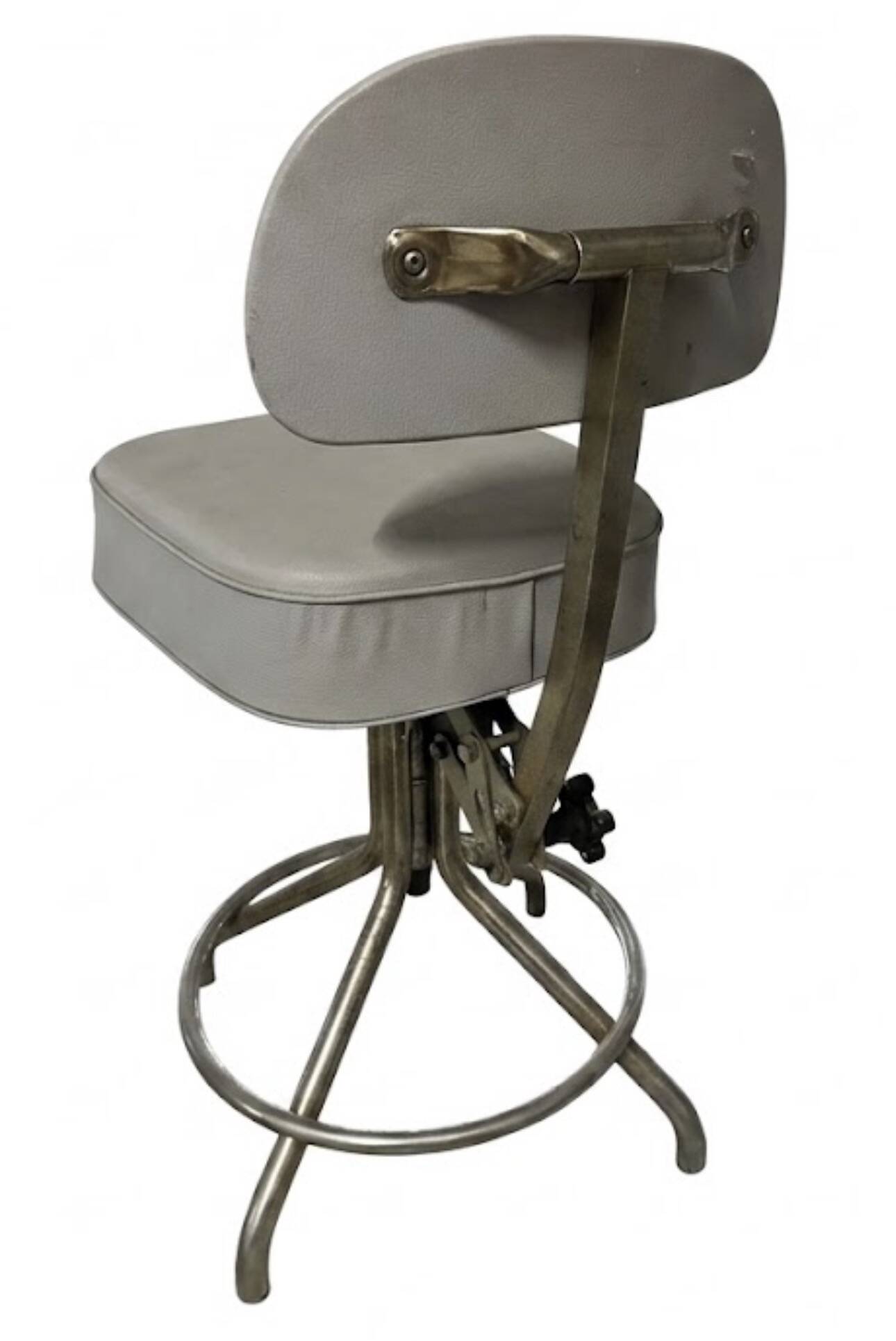 Title Vintage adjustable workshop chair – patinated metal & grey faux leather