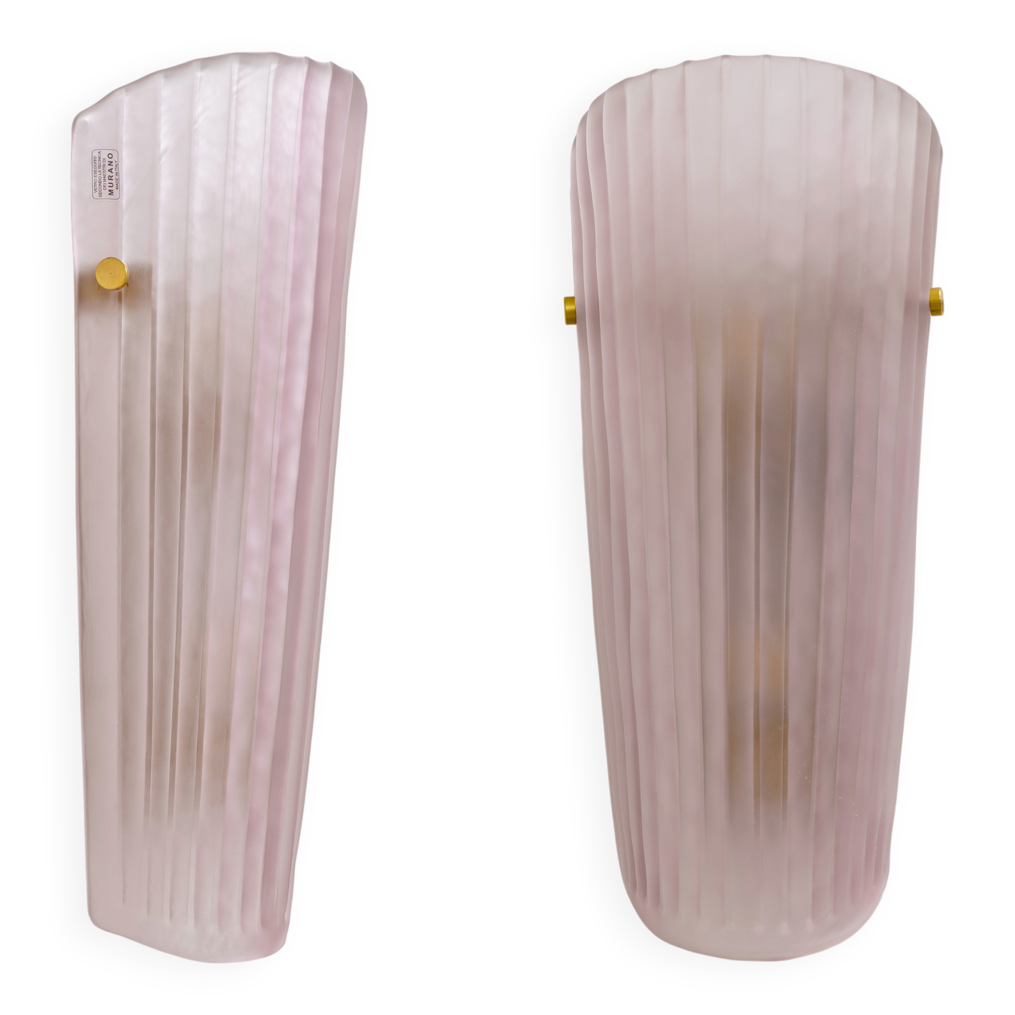 Pair of Murano Glass Wall Sconces in Pink Ribbed Glass and Brass, Italy