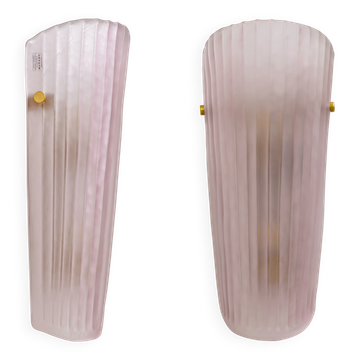 Pair of Murano Glass Wall Sconces in Pink Ribbed Glass and Brass, Italy