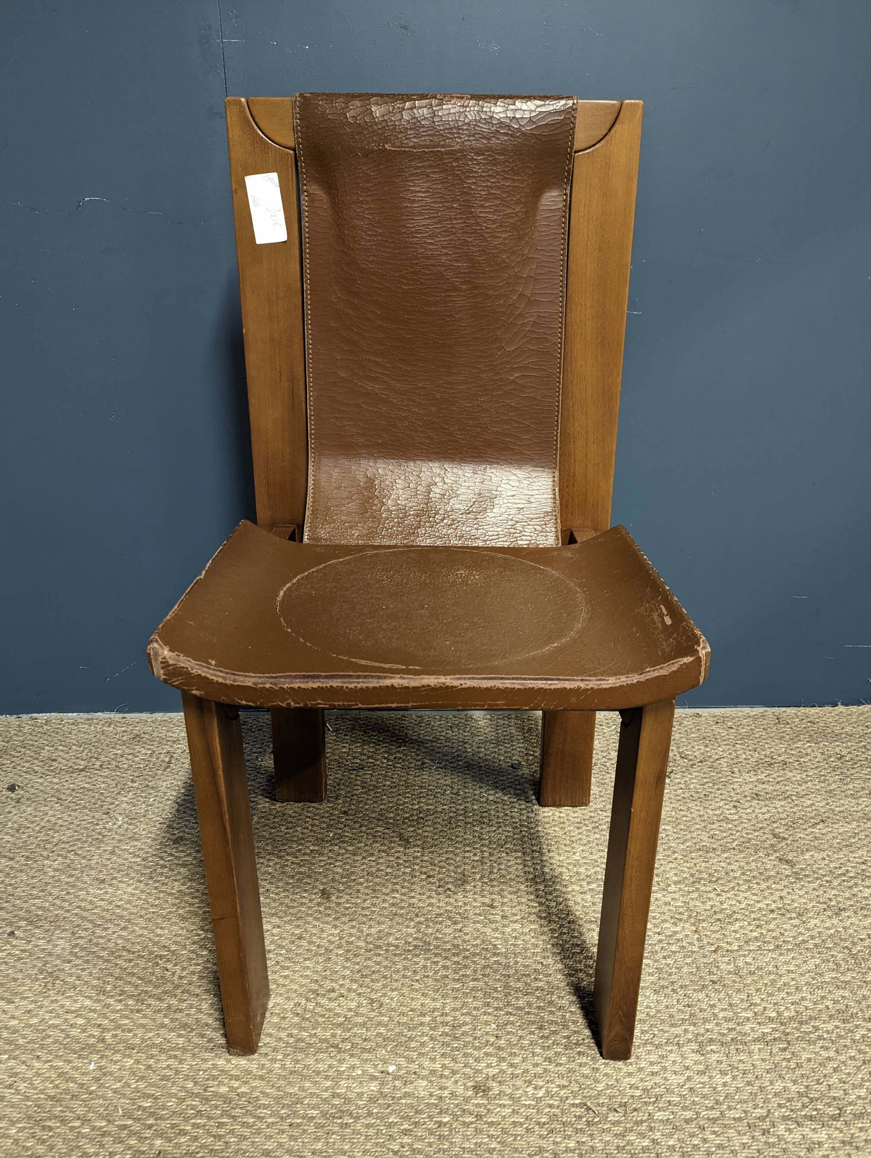 Series of 4 elm and leather chairs by Luigi Gorgoni