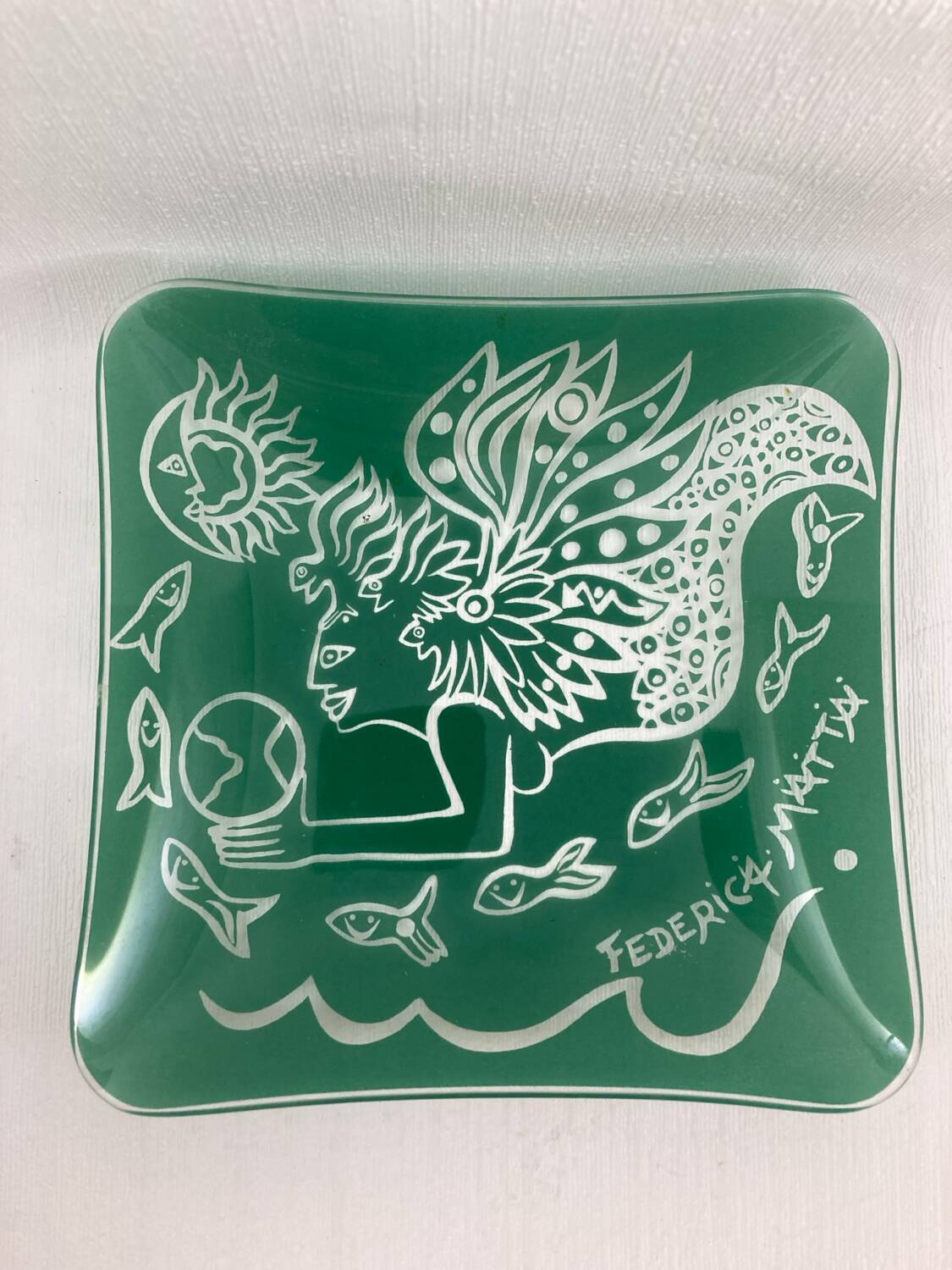 Federica Matta Signed Glass Trinket Tray in Screen-Printed Glass
