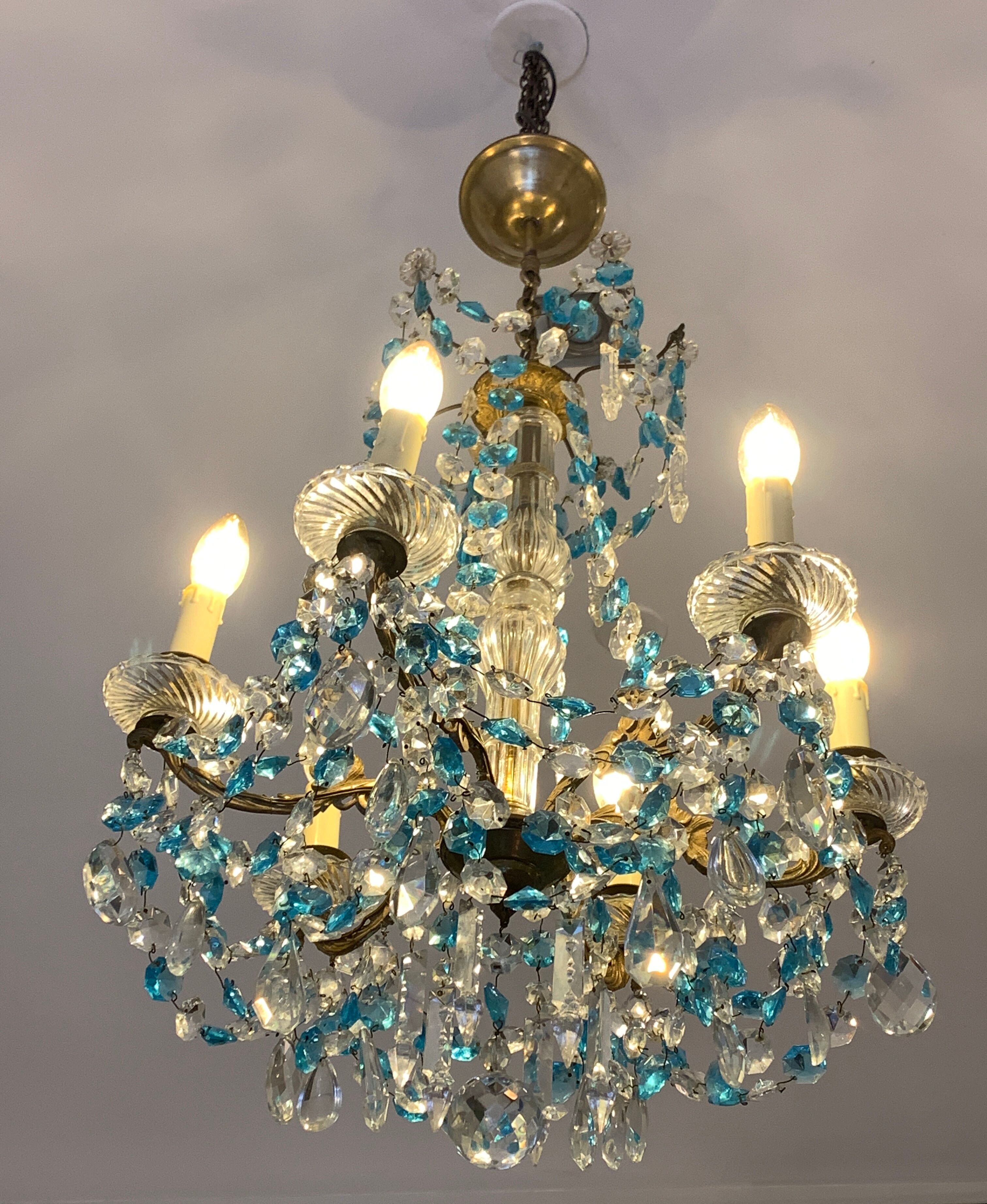 Chandelier with blue crystal pimples, 6 lights, Baccarat, 1950, art nouveau style