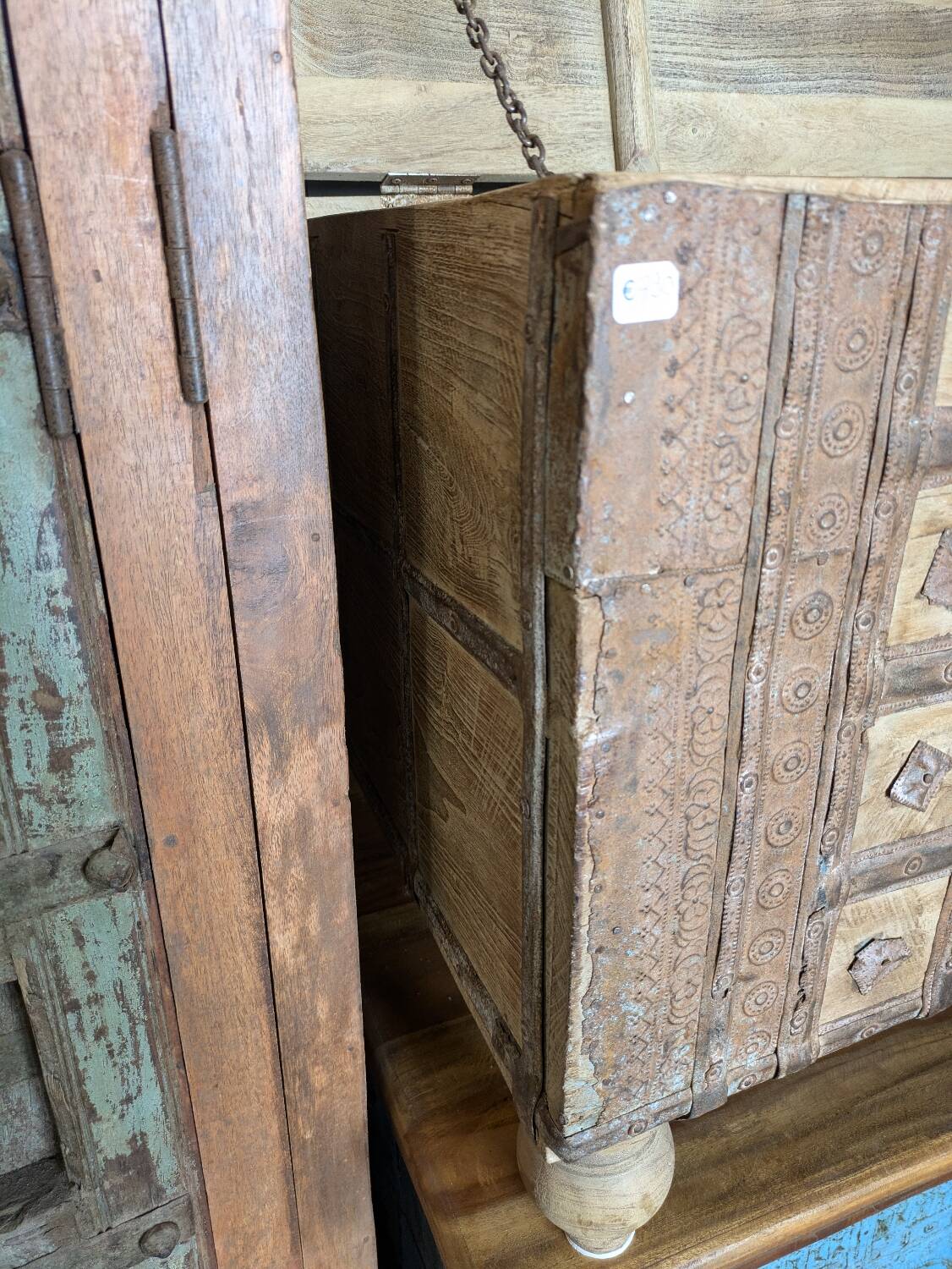 Authentic antique chest/trunk from Rajasthan, hammered metal and teak